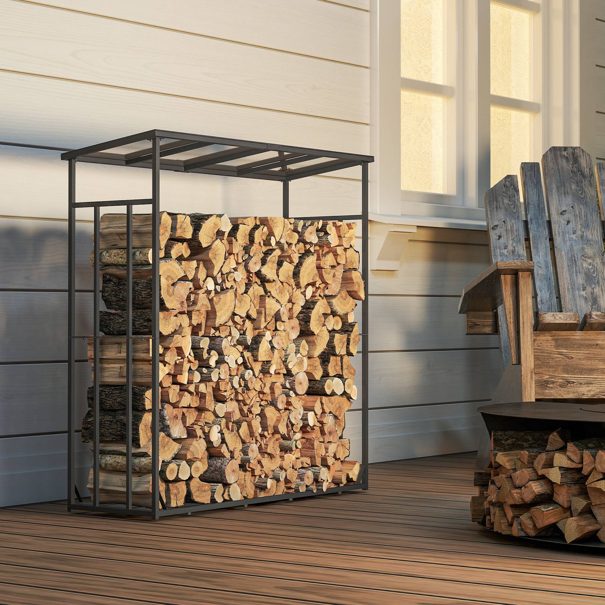 Abri-bûches range-bûche extérieur charge maximale 2000 kg avec housse de protection imperméable 185 x 62 x 184 cm noir - Image 3
