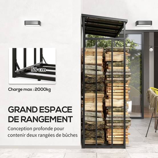 Abri-bûches range-bûche extérieur charge maximale 2000 kg avec housse de protection imperméable 185 x 62 x 184 cm noir - Image 6