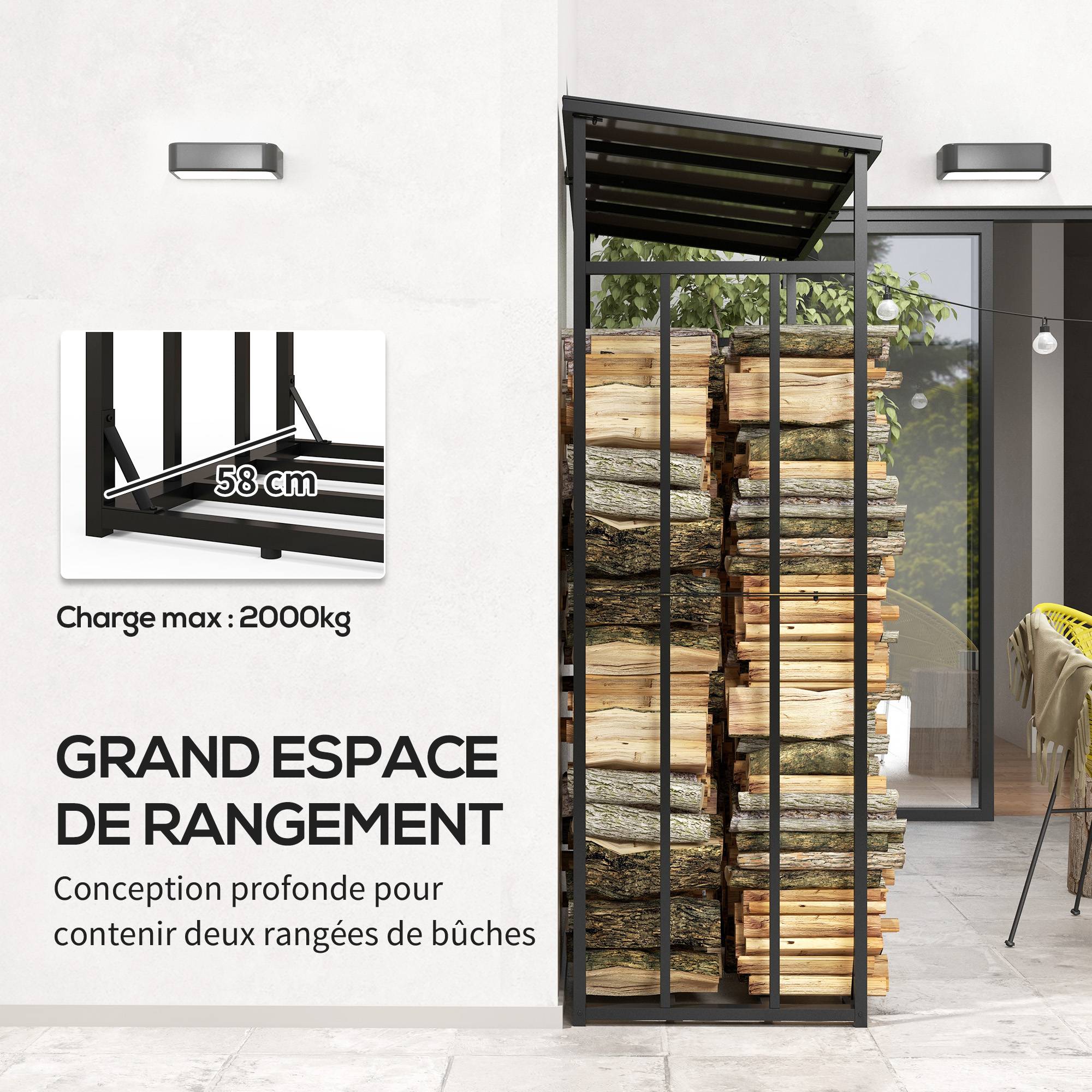 Abri-bûches range-bûche extérieur charge maximale 2000 kg avec housse de protection imperméable 185 x 62 x 184 cm noir - Image 6