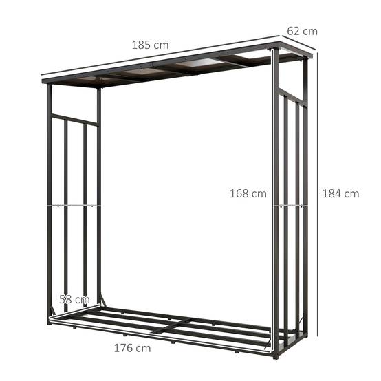 Abri-bûches range-bûche extérieur charge maximale 2000 kg avec housse de protection imperméable 185 x 62 x 184 cm noir - Image 5