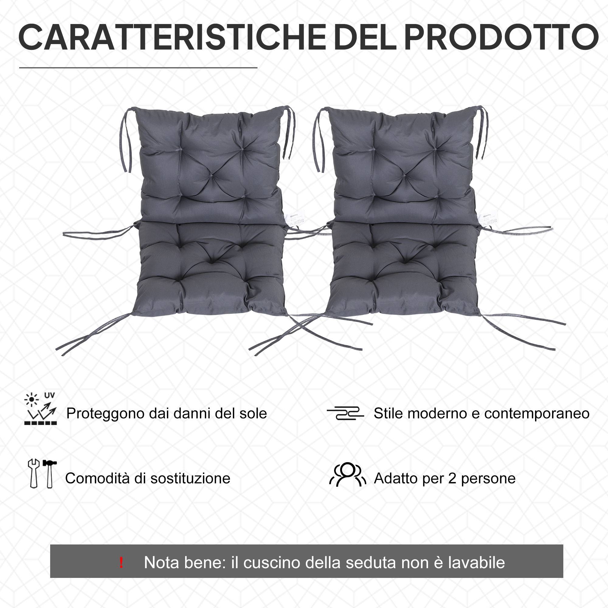 Lot de 2 coussins de chaise d'extérieur en polyester et coton avec attaches, 50 x 98 x 8 cm, gris - Image 7