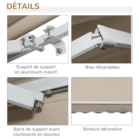 Store Banne Manuel Rétractable 395 x 245 cm avec Manivelle, Angle 45°–85°, Aluminium et Polyester 280 g/m², Protection UV, Terrasse, Beige - Image 9