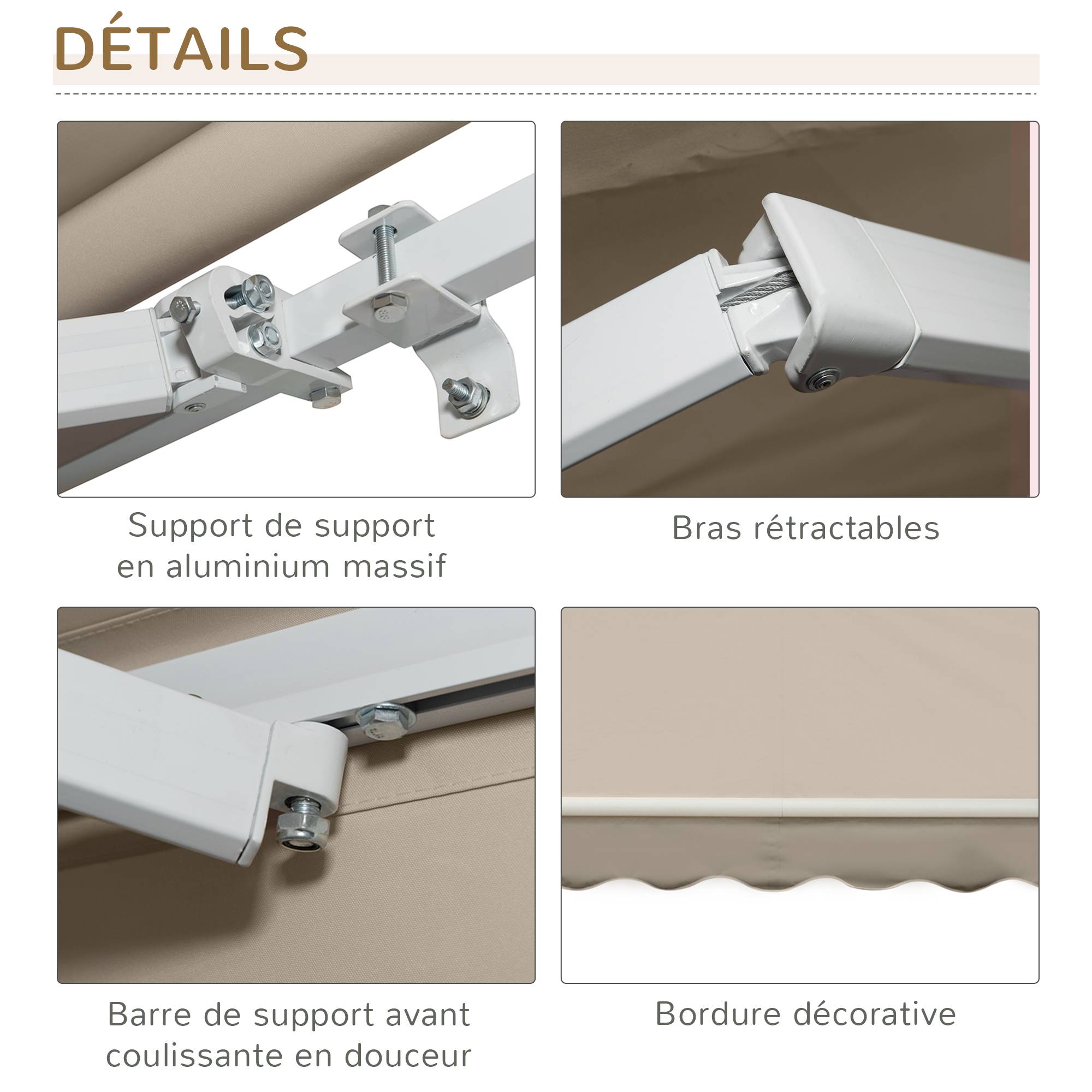 Store Banne Manuel Rétractable 395 x 245 cm avec Manivelle, Angle 45°–85°, Aluminium et Polyester 280 g/m², Protection UV, Terrasse, Beige - Image 9