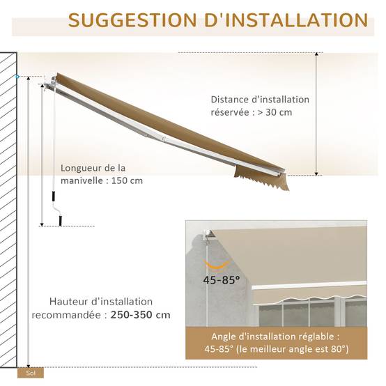 Store Banne Manuel Rétractable 395 x 245 cm avec Manivelle, Angle 45°–85°, Aluminium et Polyester 280 g/m², Protection UV, Terrasse, Beige - Image 10
