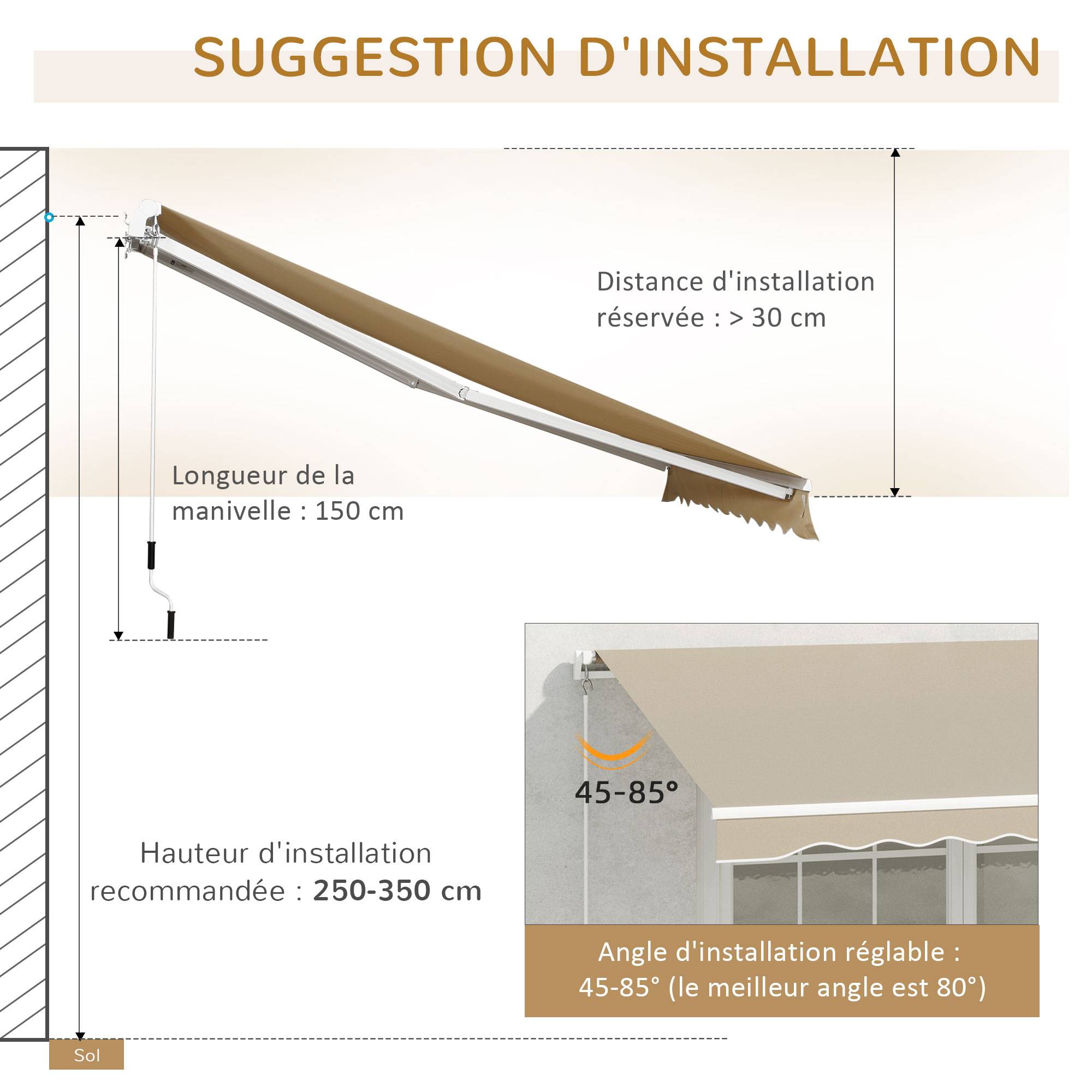 Store Banne Manuel Rétractable 395 x 245 cm avec Manivelle, Angle 45°–85°, Aluminium et Polyester 280 g/m², Protection UV, Terrasse, Beige - Image 10