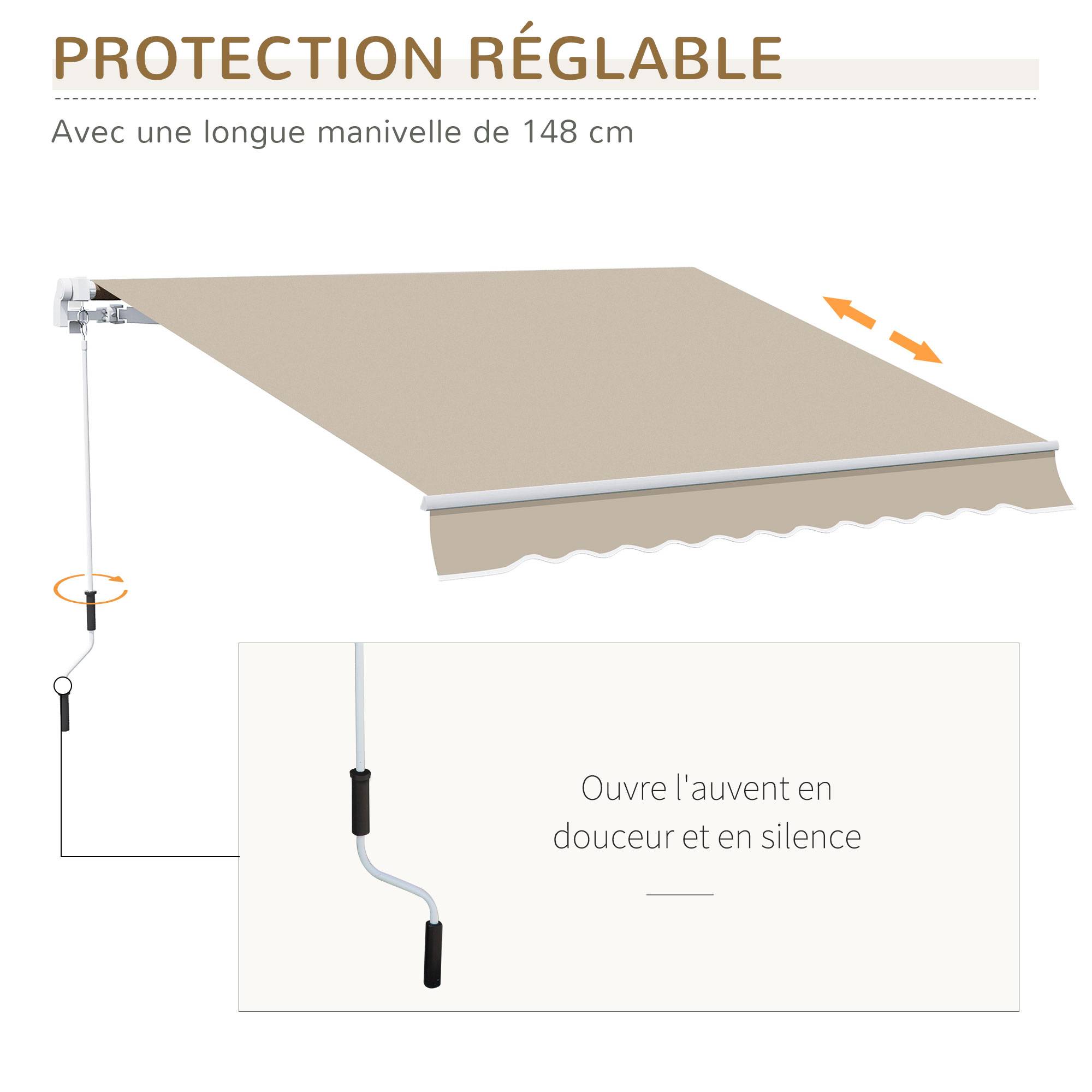 Store Banne Manuel Rétractable 395 x 245 cm avec Manivelle, Angle 45°–85°, Aluminium et Polyester 280 g/m², Protection UV, Terrasse, Beige - Image 8