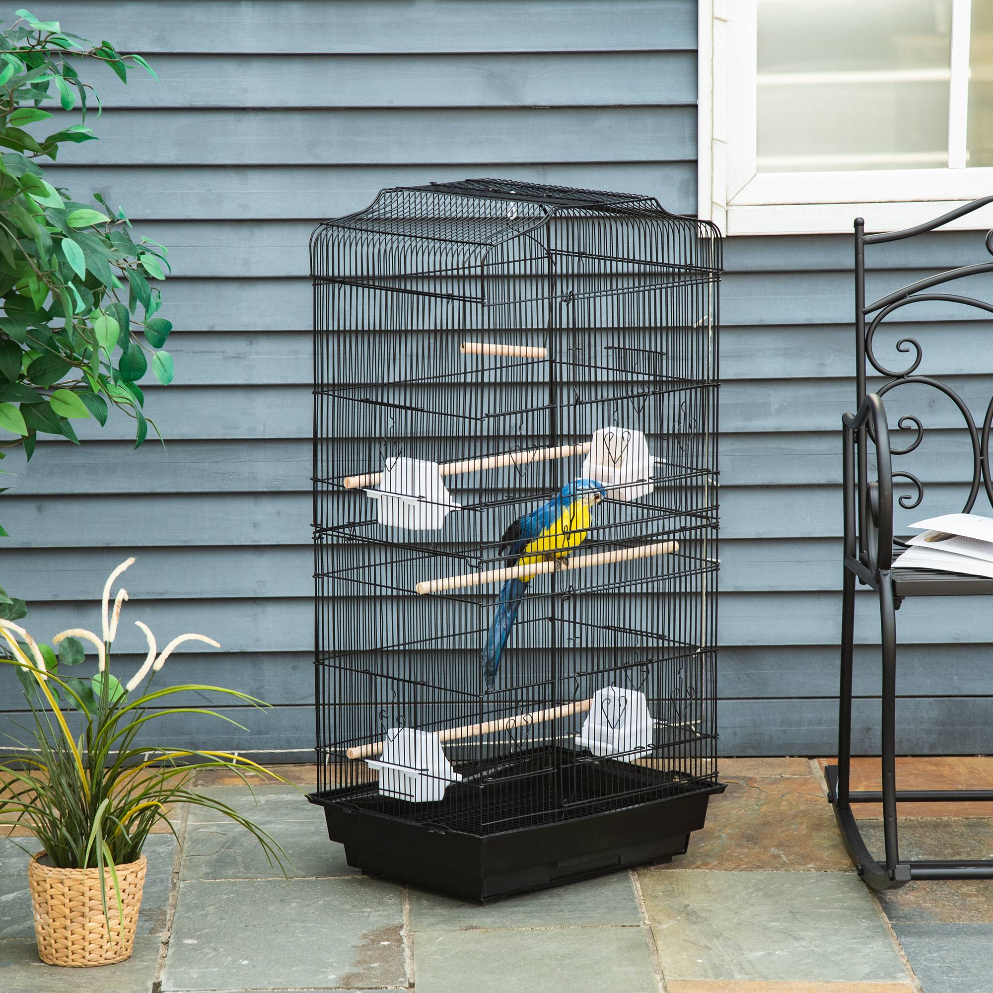 Cage à oiseaux volière avec mangeoires perchoirs plateau excrément amovible cage pour canaris perruches perroquets 46,5 x 35,5 x 92 cm noir - Image 3