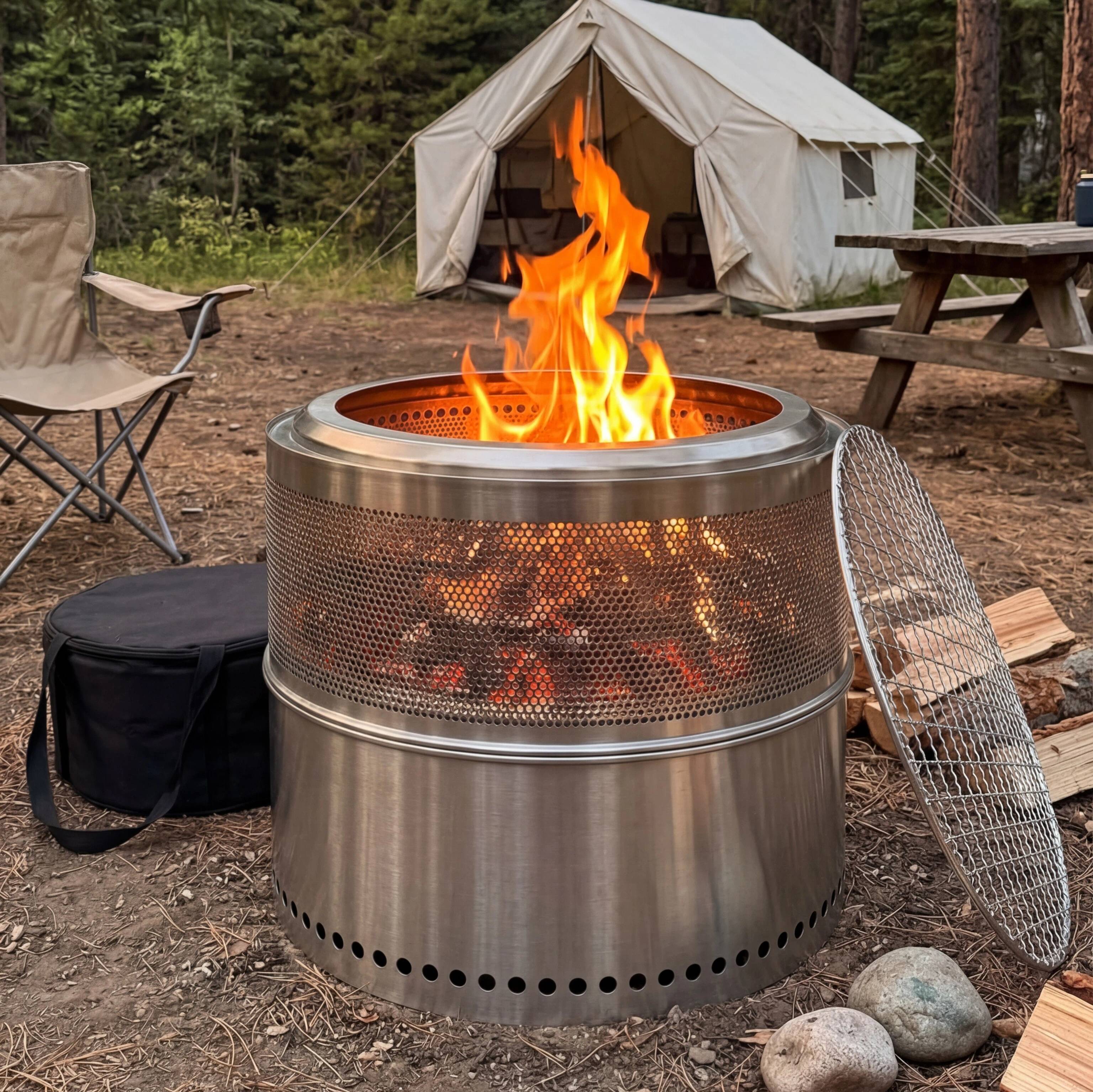 ComfortXL - Brasero Sans Fumée Inox Portable Jardin 50cm Fonction Grill Double Combustion - ComfortXL Outdoor Living - Image 1