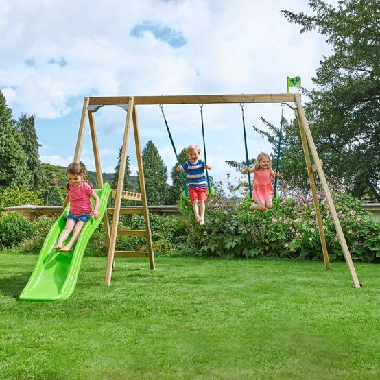 Portique bois Thymelee H.200 cm avec 2 balançoires, toboggan, échelle et kit d’ancrage – TP TOYS - Image 1