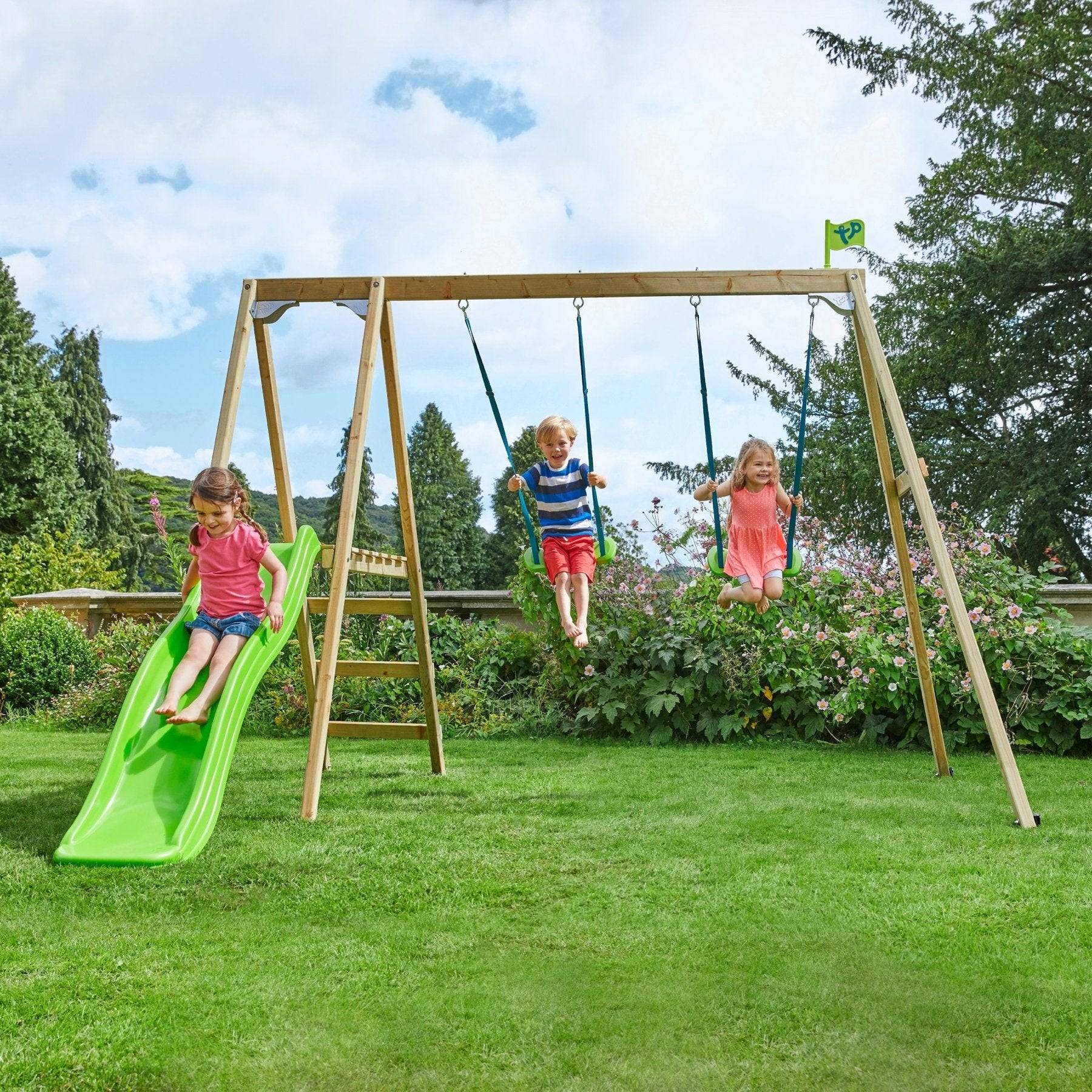 Portique bois Thymelee H.200 cm avec 2 balançoires, toboggan, échelle et kit d’ancrage – TP TOYS - Image 1