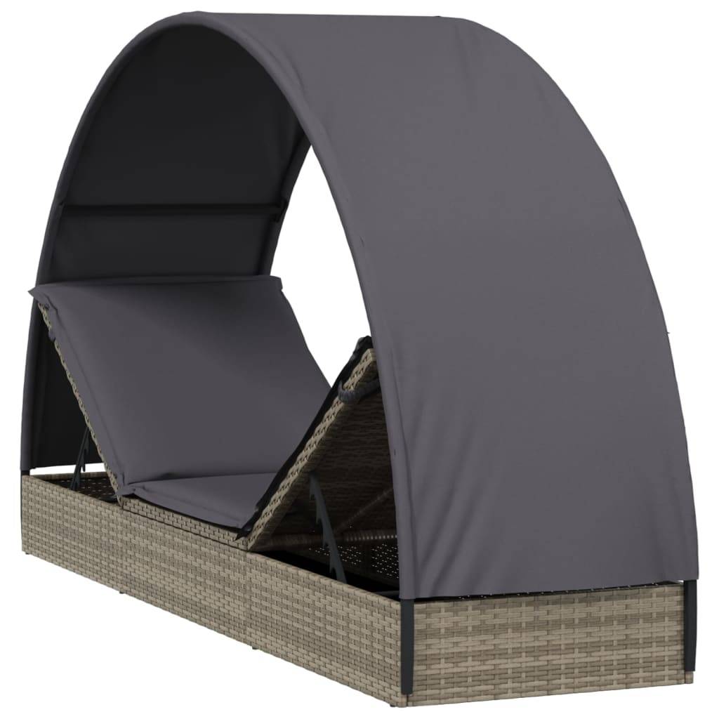 Helloshop26 - Transat chaise longue bain de soleil lit de jardin terrasse meuble d'extérieur avec toit rond 211 x 57 x 140 cm résine tressée gris - Image 6
