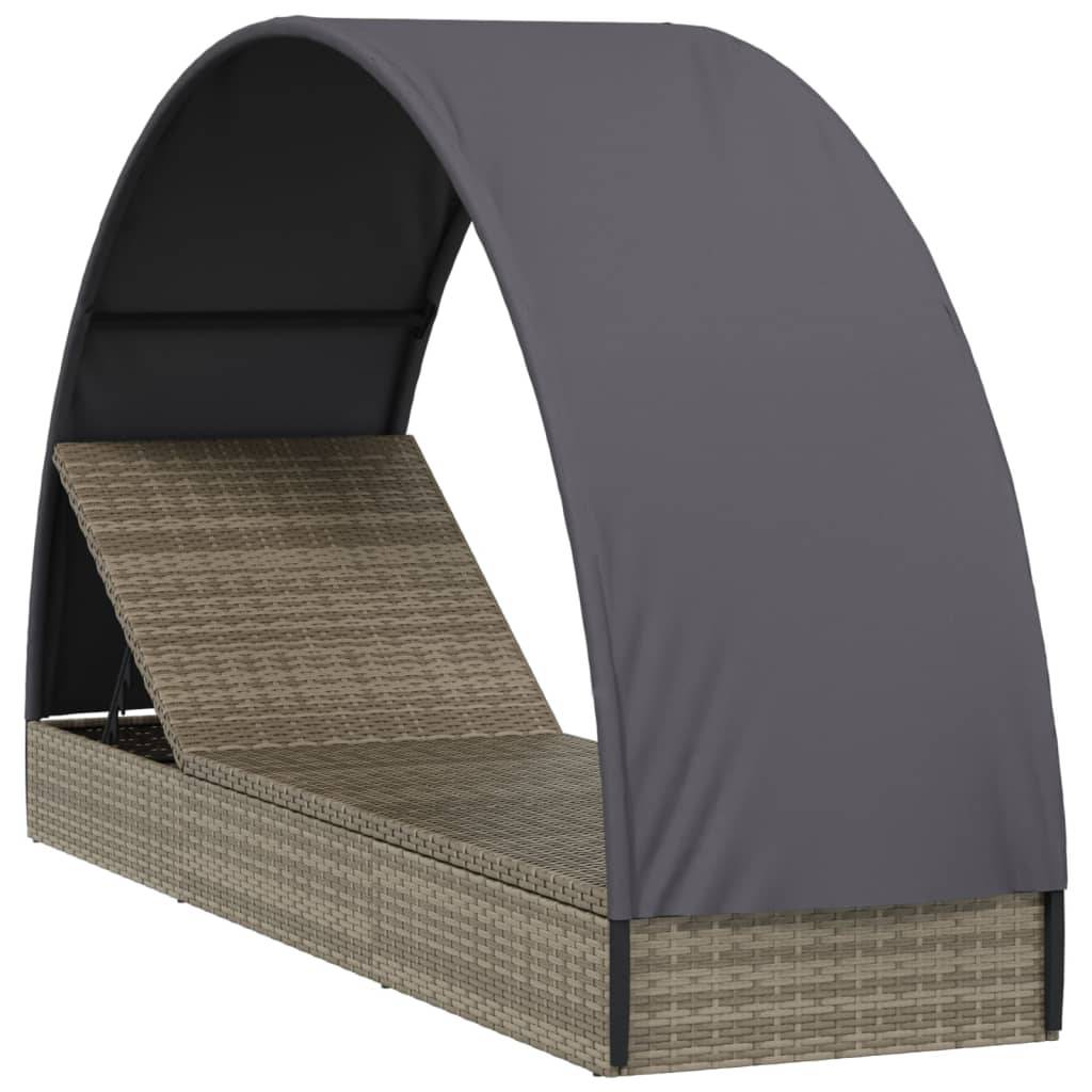 Helloshop26 - Transat chaise longue bain de soleil lit de jardin terrasse meuble d'extérieur avec toit rond 211 x 57 x 140 cm résine tressée gris - Image 2