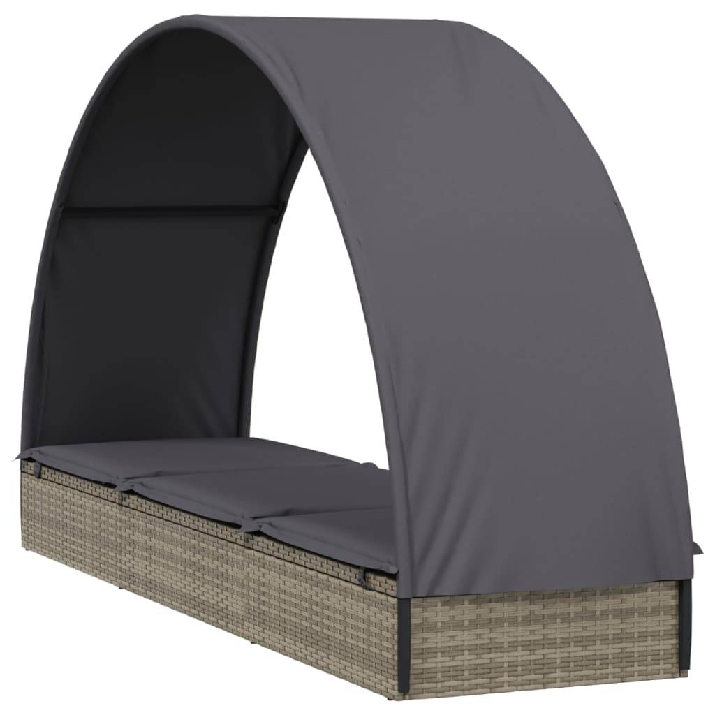 Helloshop26 - Transat chaise longue bain de soleil lit de jardin terrasse meuble d'extérieur avec toit rond 211 x 57 x 140 cm résine tressée gris - Image 3