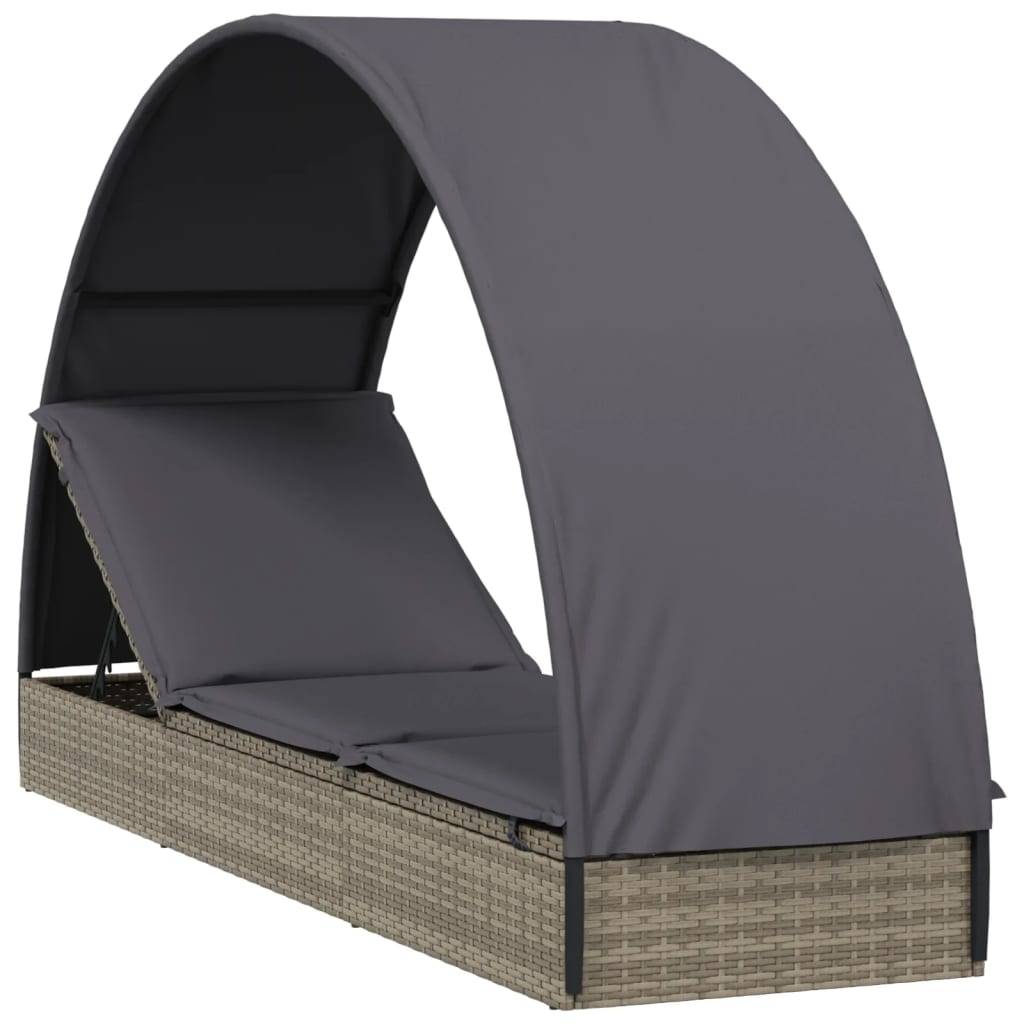 Helloshop26 - Transat chaise longue bain de soleil lit de jardin terrasse meuble d'extérieur avec toit rond 211 x 57 x 140 cm résine tressée gris - Image 1