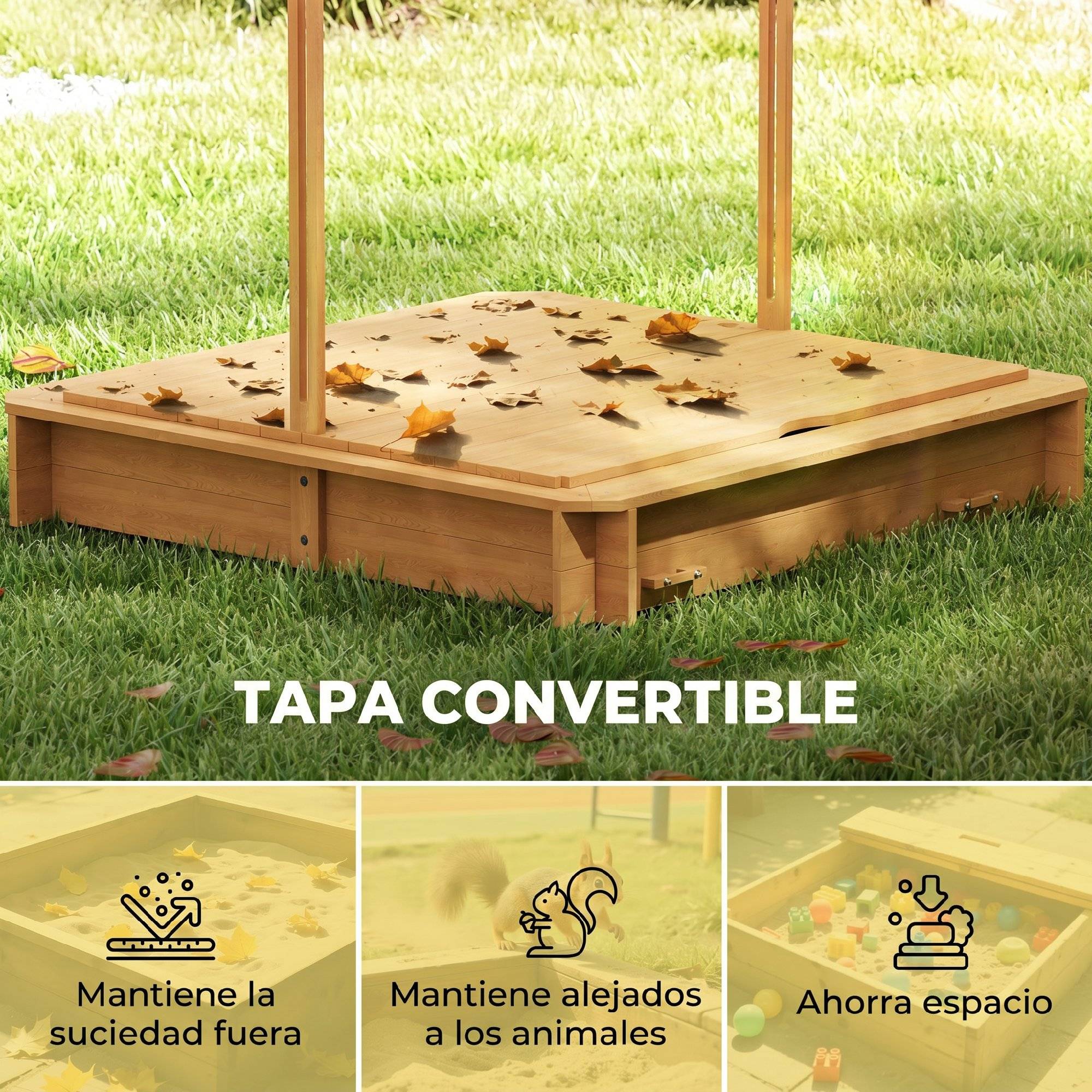 Bac à sable en bois naturel auvent ajustable 2 bancs dossiers amovibles 106 × 106 × 115 cm extérieur - Image 8