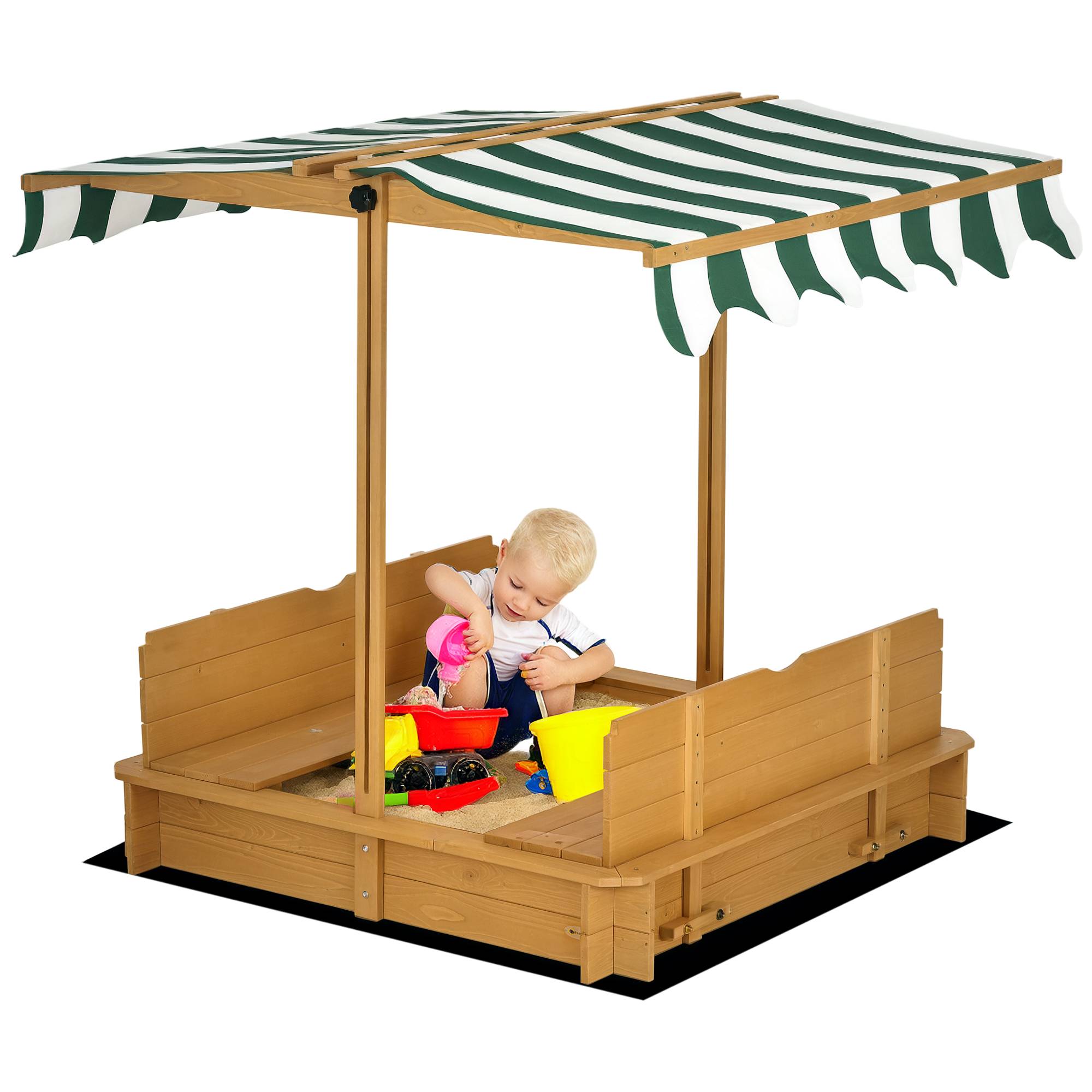 Bac à sable en bois naturel auvent ajustable 2 bancs dossiers amovibles 106 × 106 × 115 cm extérieur - Image 1