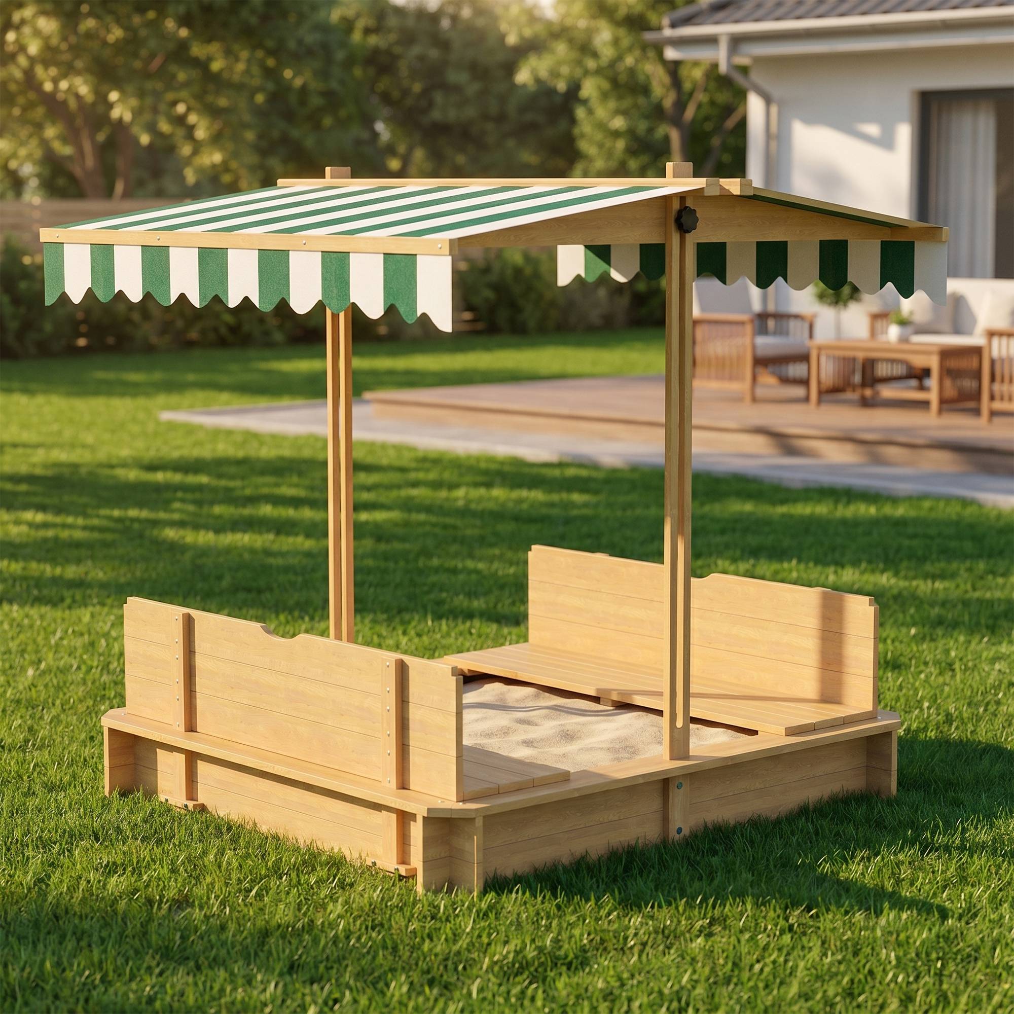 Bac à sable en bois naturel auvent ajustable 2 bancs dossiers amovibles 106 × 106 × 115 cm extérieur - Image 10