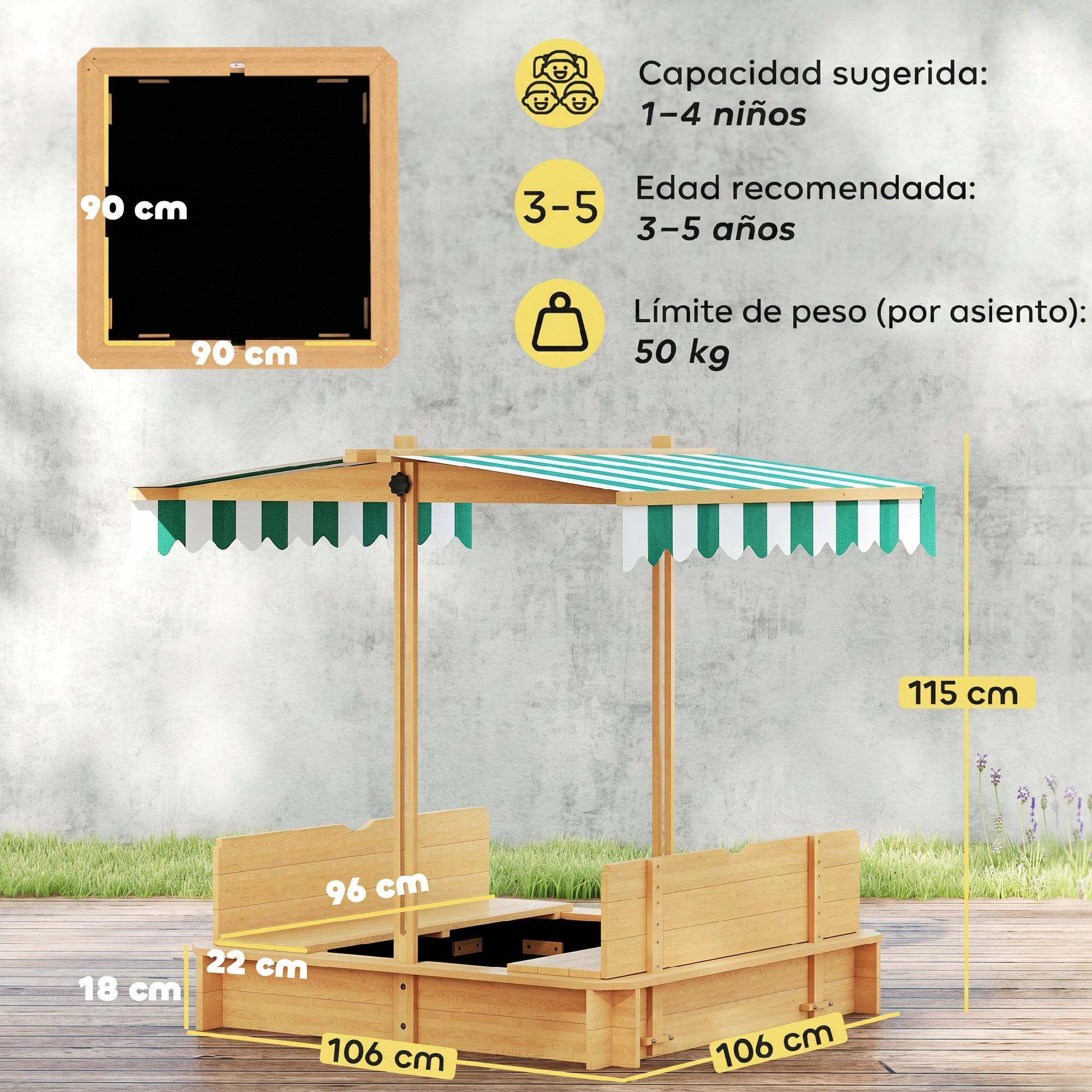 Bac à sable en bois naturel auvent ajustable 2 bancs dossiers amovibles 106 × 106 × 115 cm extérieur - Image 5
