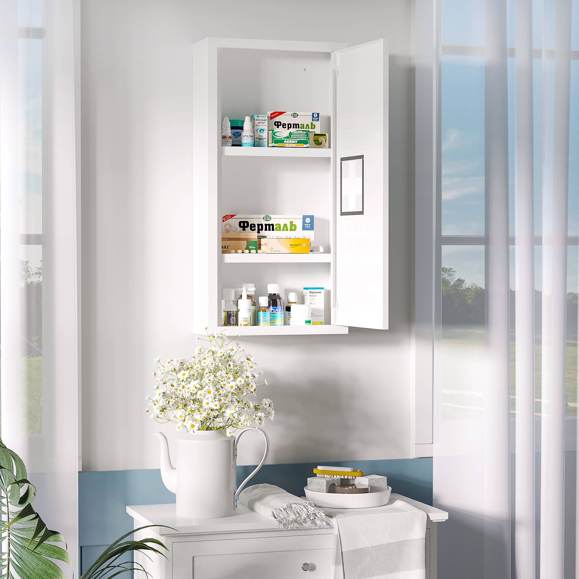 Sans Marque - Armoire pharmacie murale 2 étagères 3 niveaux porte aimantée métal 30x12x60 cm blanc - Image 3