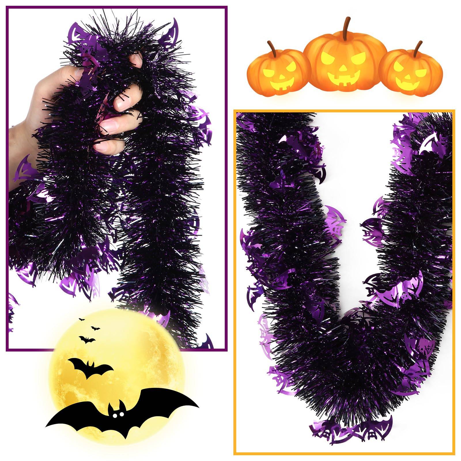 8 rubans décoratifs citrouilles d'Halloween, guirlandes scintillantes, idéales pour les sapins de Noël et les décorations de fête (chauves-souris). - Image 2