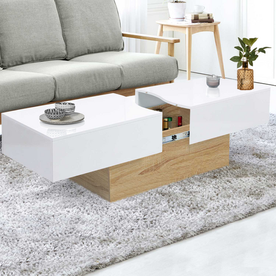 Table basse coulissante rectangulaire MARTA bois imitation hêtre et blanc - Image 1