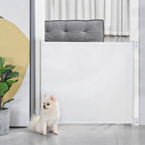 Barrière de sécurité rétractable acier textilène pour chiens 115x83cm blanc - ComfortXL Outdoor Living - Image 3
