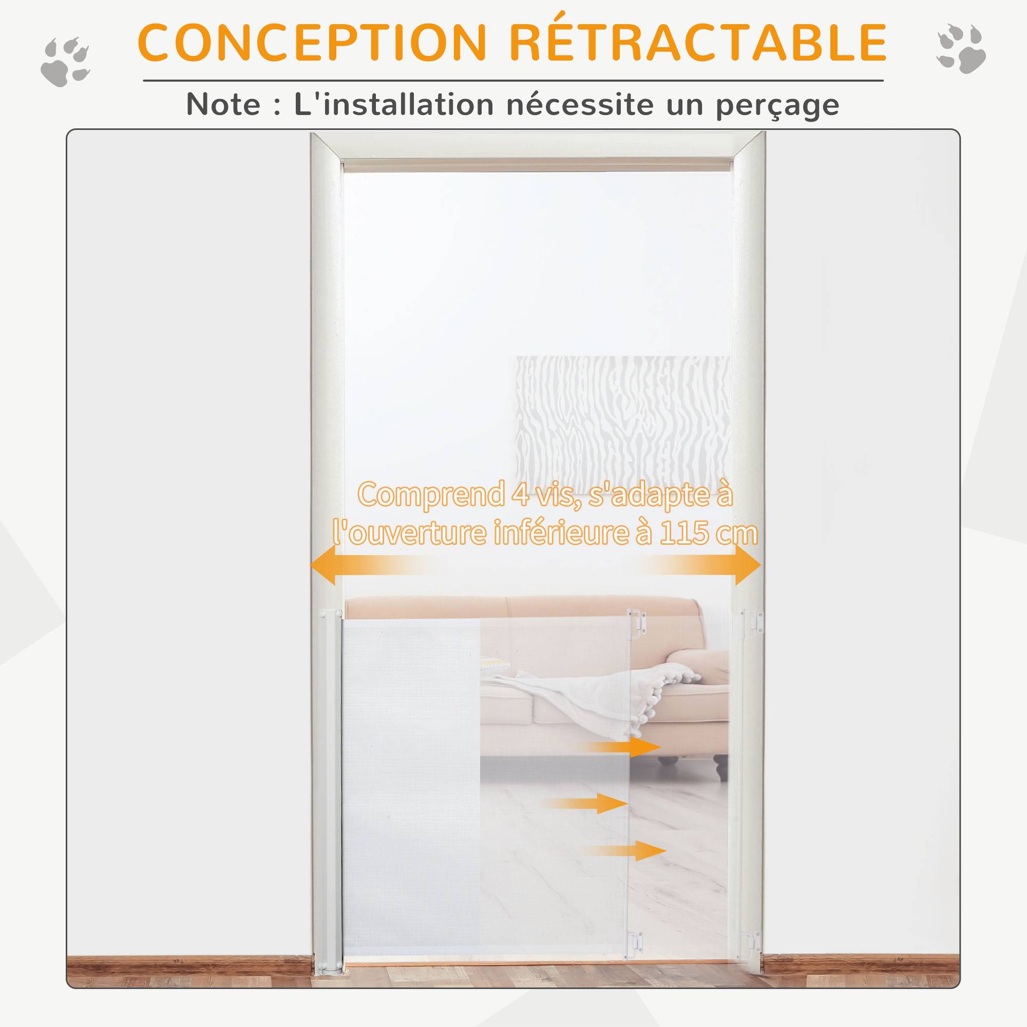Barrière de sécurité rétractable acier textilène pour chiens 115x83cm blanc - ComfortXL Outdoor Living - Image 7