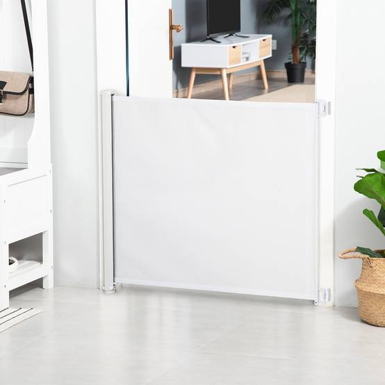 Barrière de sécurité rétractable acier textilène pour chiens 115x83cm blanc - ComfortXL Outdoor Living - Image 4