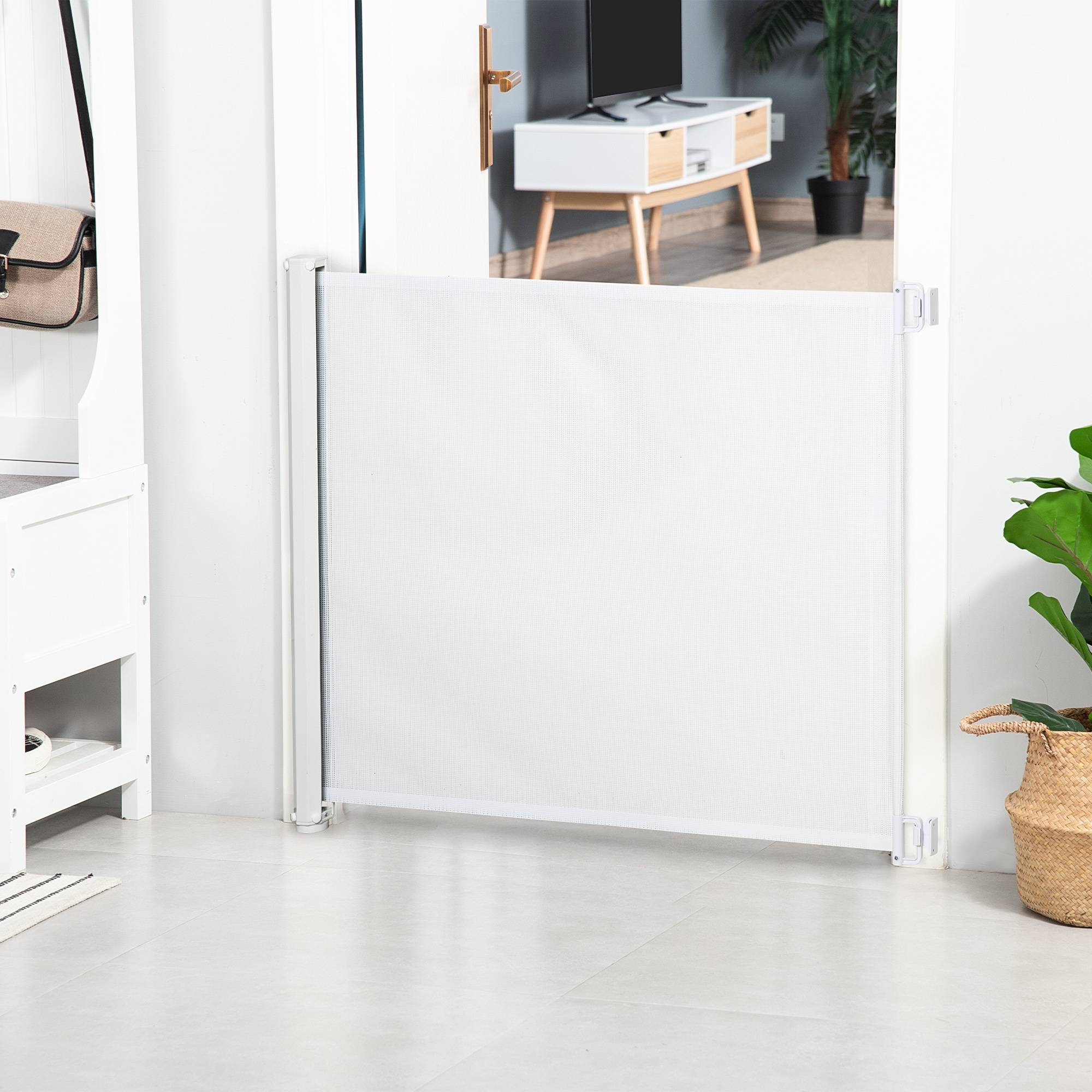 Barrière de sécurité rétractable acier textilène pour chiens 115x83cm blanc - ComfortXL Outdoor Living - Image 4