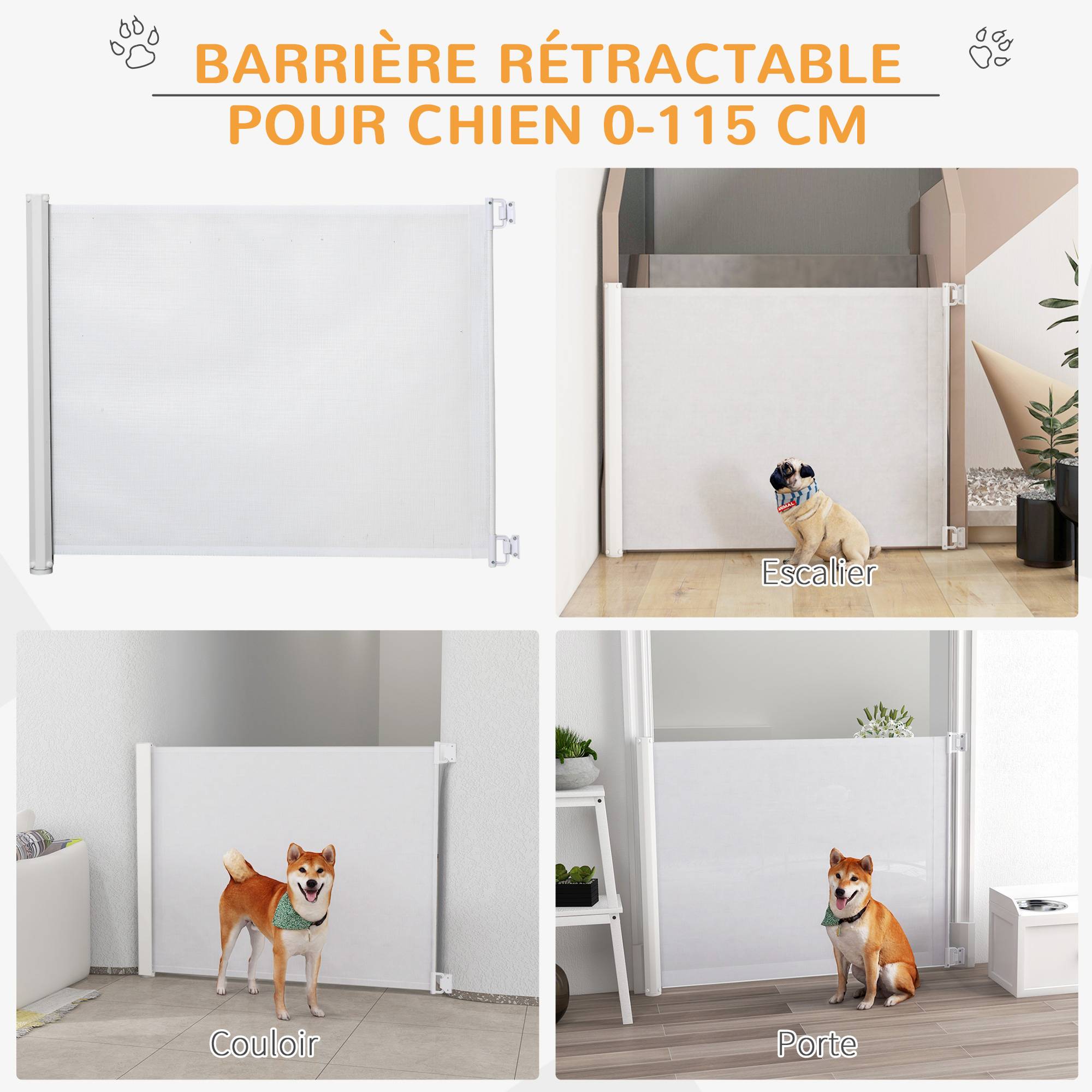 Barrière de sécurité rétractable acier textilène pour chiens 115x83cm blanc - ComfortXL Outdoor Living - Image 6