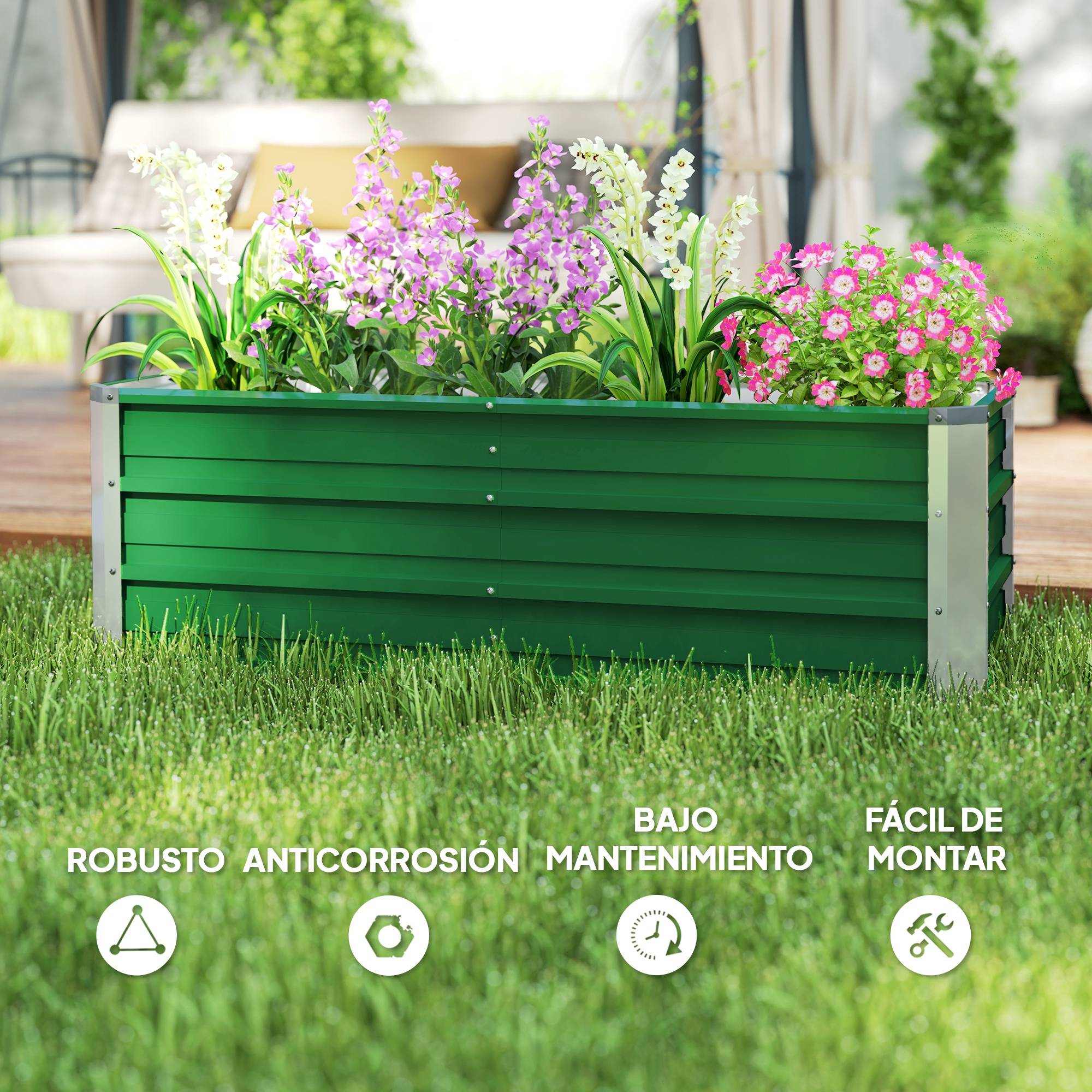 Jardinière de Jardin en Acier 125 x 47 x 40 cm avec Gants, Bac Rectangulaire pour Plantes et Fleurs, Terrasse/Balcon, Vert - Image 8