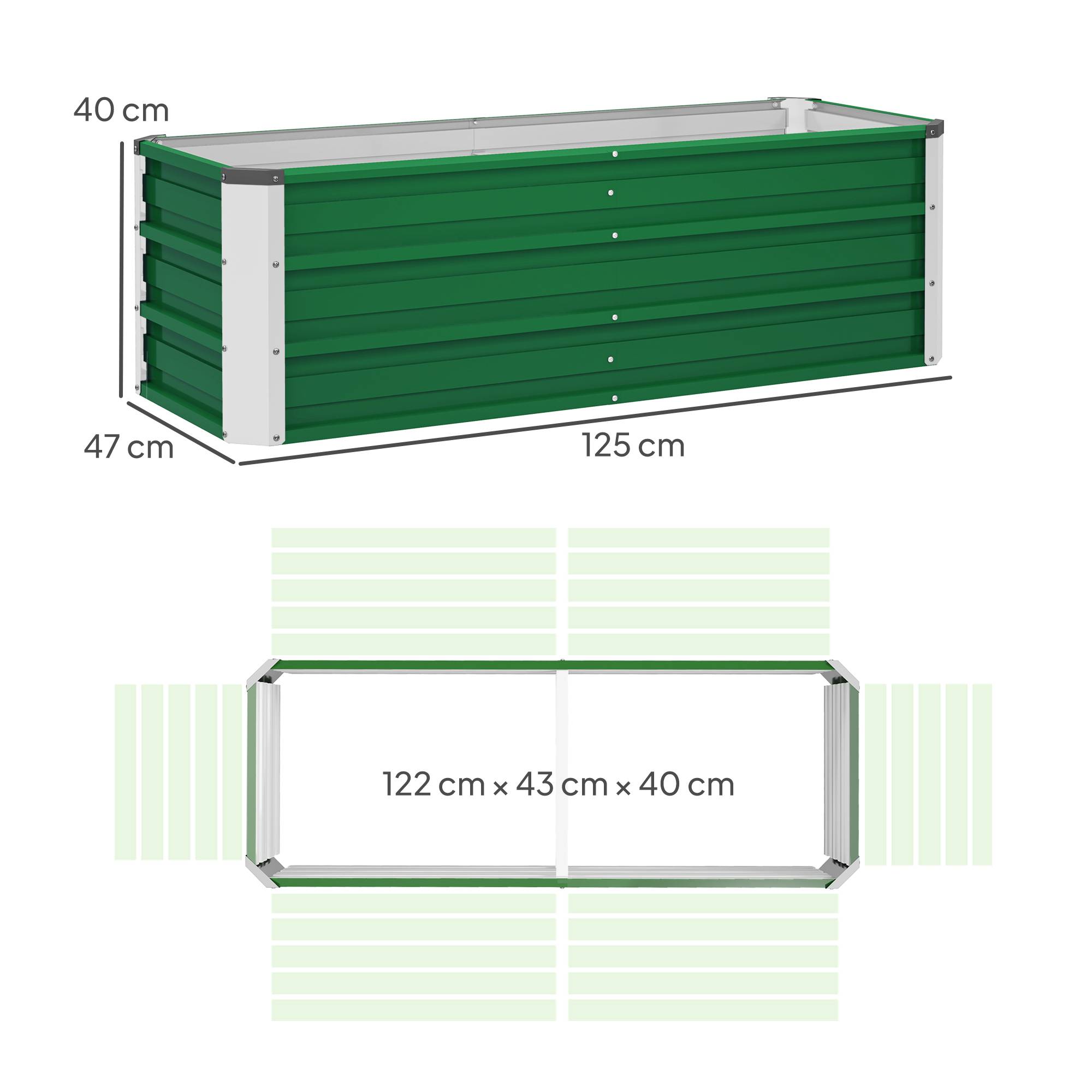 Jardinière de Jardin en Acier 125 x 47 x 40 cm avec Gants, Bac Rectangulaire pour Plantes et Fleurs, Terrasse/Balcon, Vert - Image 5
