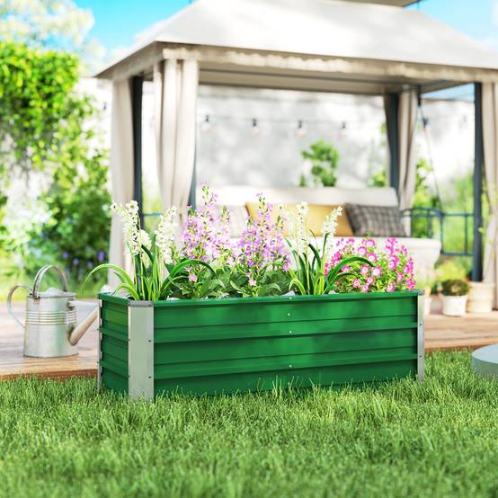 Jardinière de Jardin en Acier 125 x 47 x 40 cm avec Gants, Bac Rectangulaire pour Plantes et Fleurs, Terrasse/Balcon, Vert - Image 3