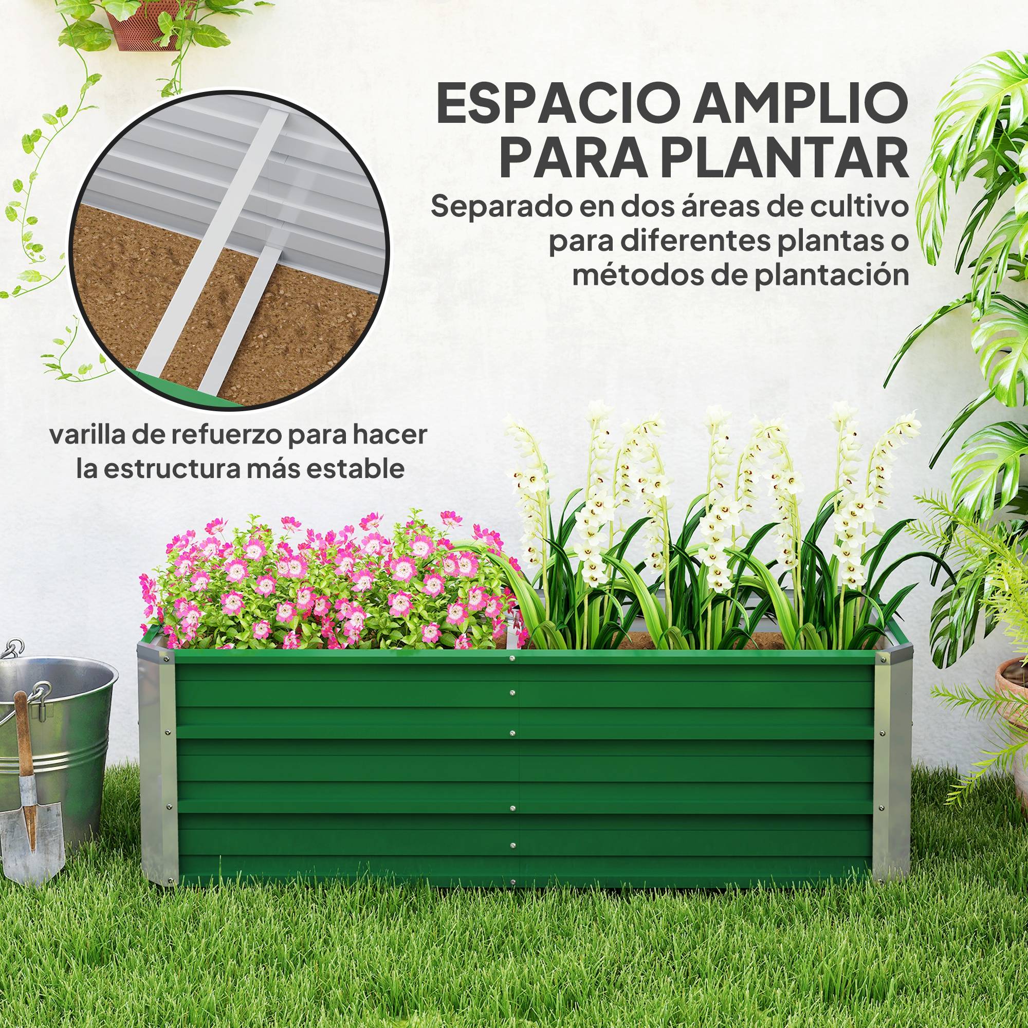 Jardinière de Jardin en Acier 125 x 47 x 40 cm avec Gants, Bac Rectangulaire pour Plantes et Fleurs, Terrasse/Balcon, Vert - Image 6