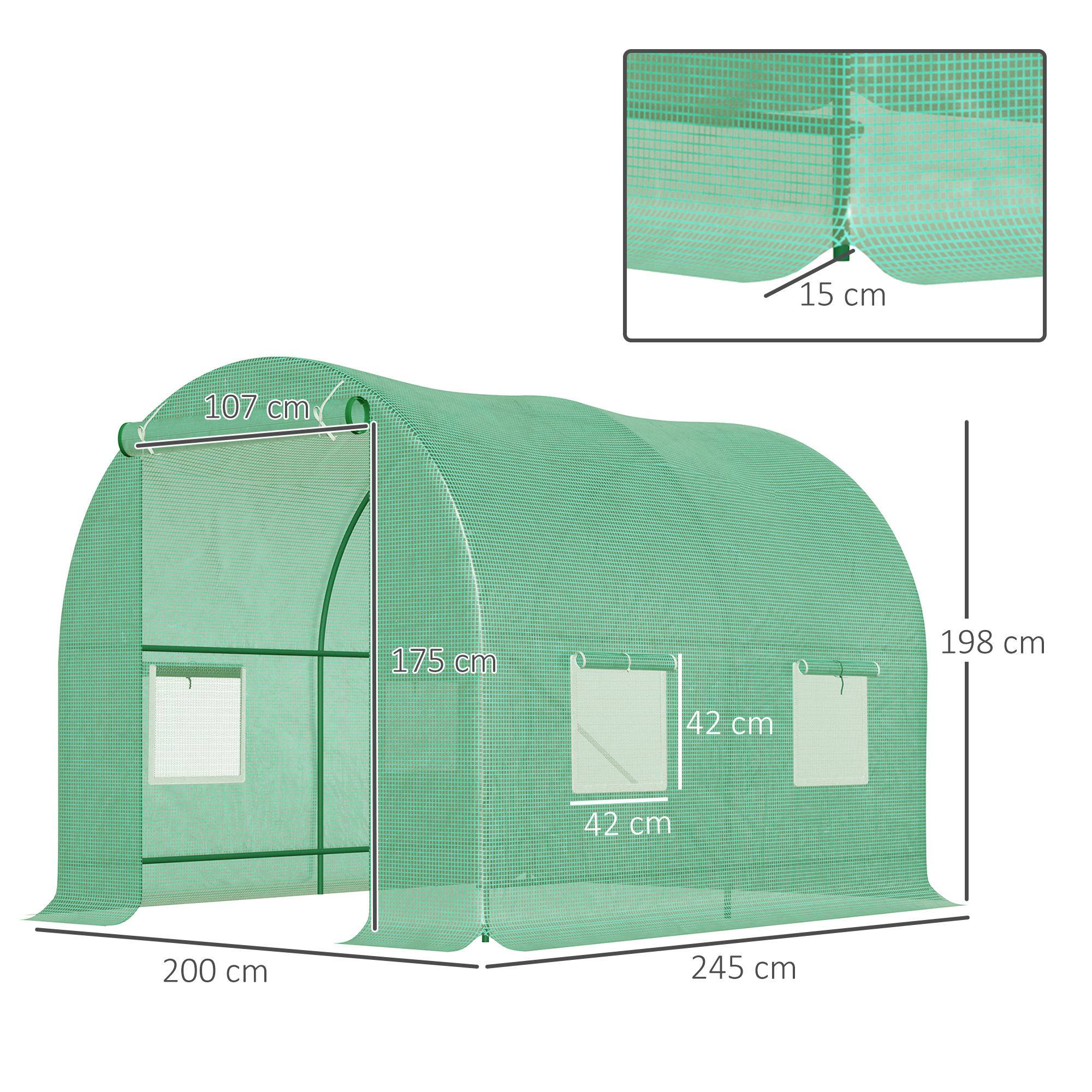 Serre de Jardin Tunnel 5 m² 2,5L x 2l x 2H m Acier renforcé Ø 1,8 cm + PE Haute densité 140 g/m² fenêtres Vert - Image 5