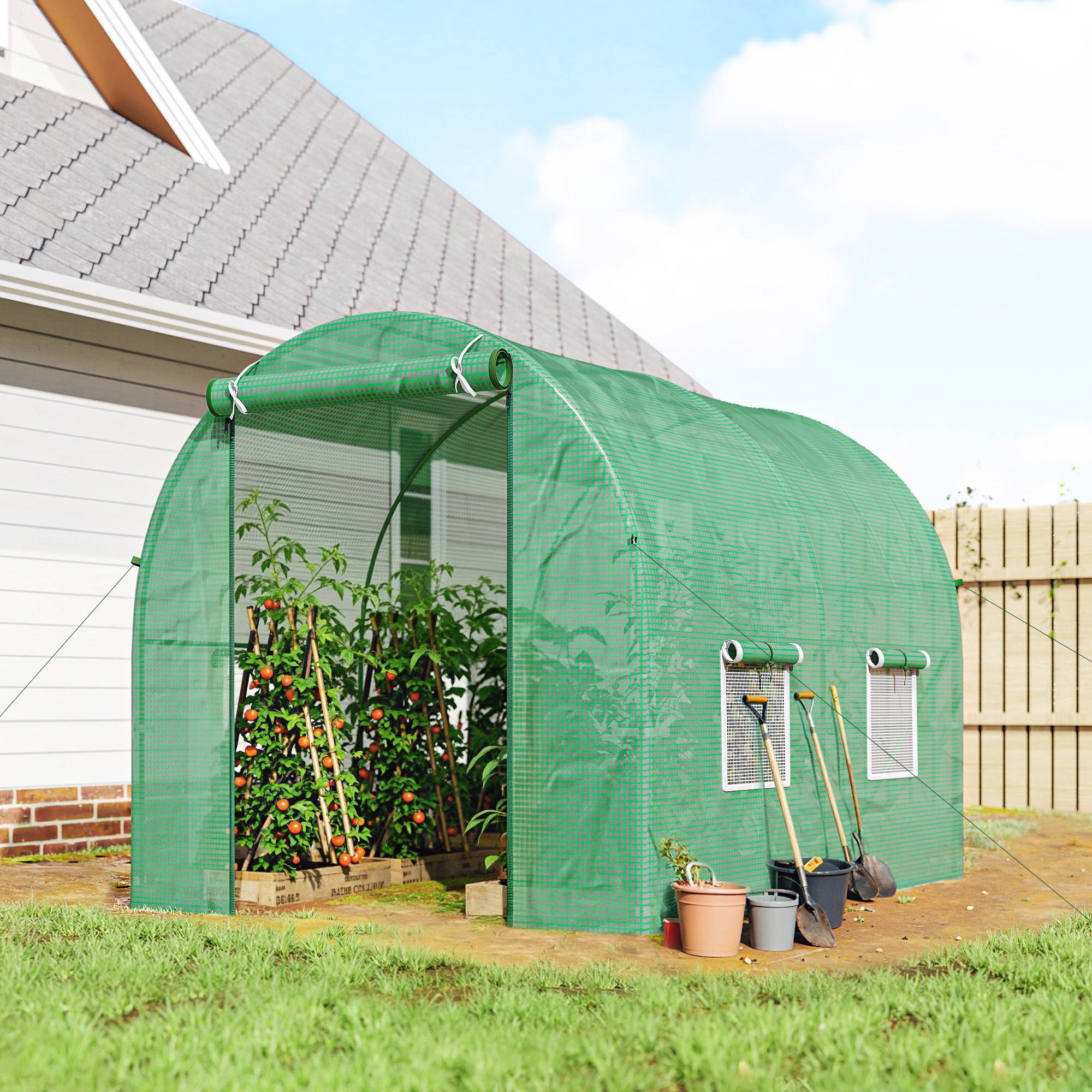 Serre de Jardin Tunnel 5 m² 2,5L x 2l x 2H m Acier renforcé Ø 1,8 cm + PE Haute densité 140 g/m² fenêtres Vert - Image 3