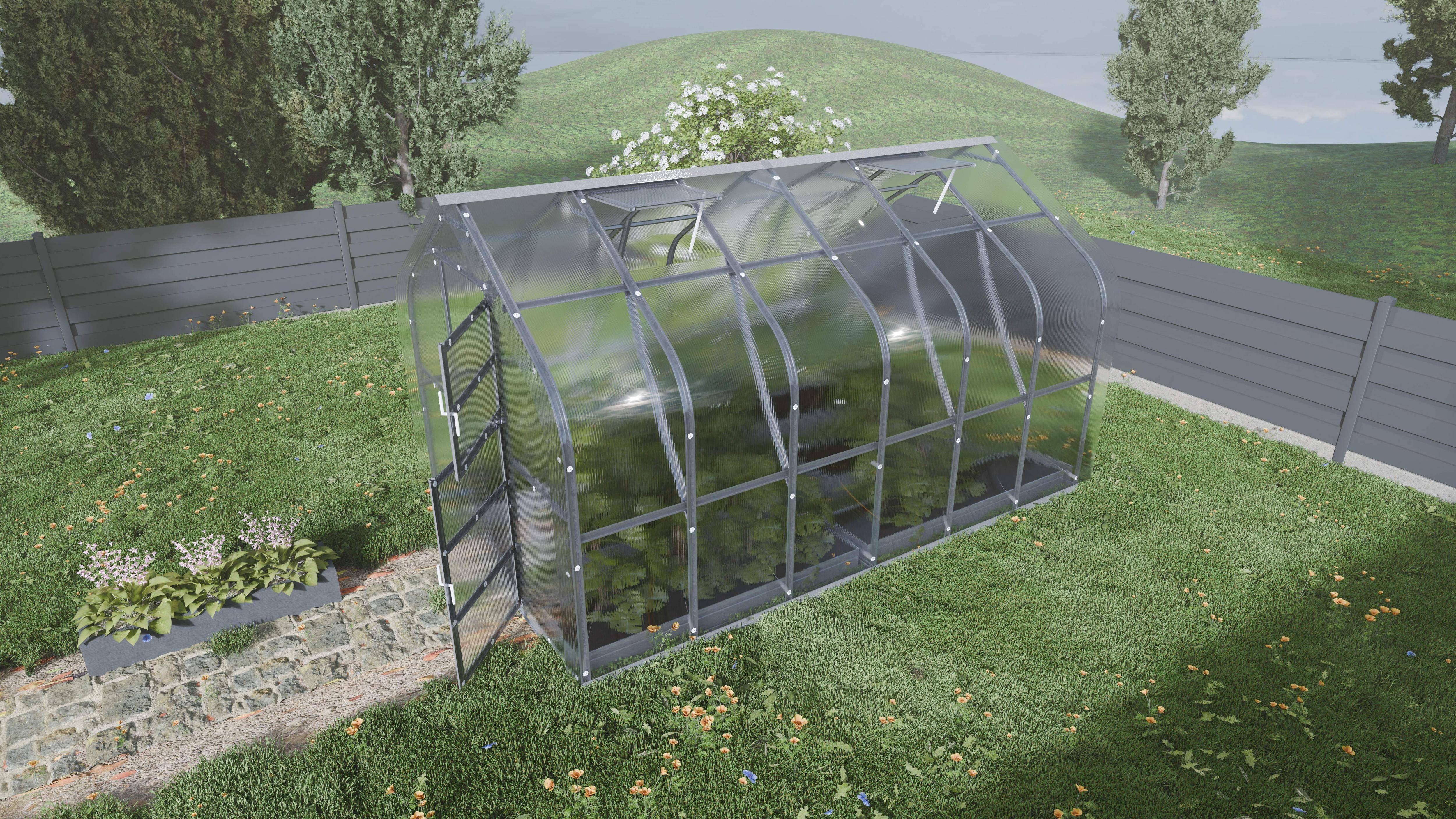 Serre KLASIKA Standard 10m2, 2,5m x 4m, 6 mm avec revêtement en polycarbonate (Avec 2 toits ouvrants automatiques) - Image 1