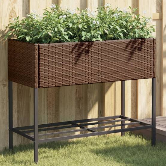 2 pcs Jardinières avec étagère, Bac à fleurs, Pot de fleurs brun 90x40x75 cm résine tressée - Image 2