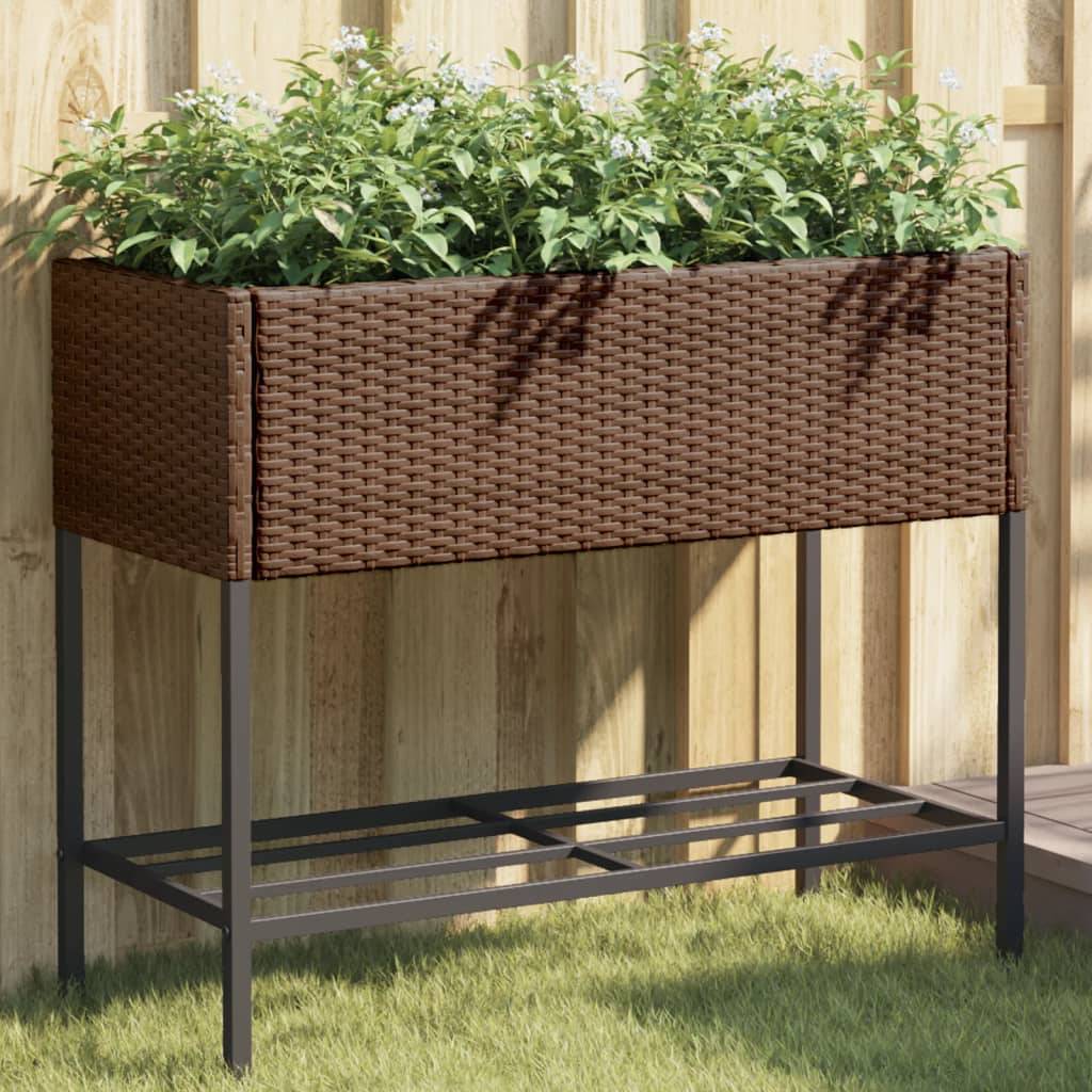 2 pcs Jardinières avec étagère, Bac à fleurs, Pot de fleurs brun 90x40x75 cm résine tressée - Image 2