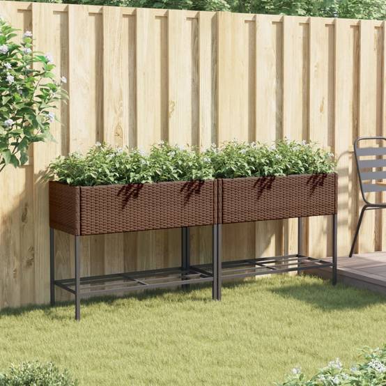 2 pcs Jardinières avec étagère, Bac à fleurs, Pot de fleurs brun 90x40x75 cm résine tressée - Image 3