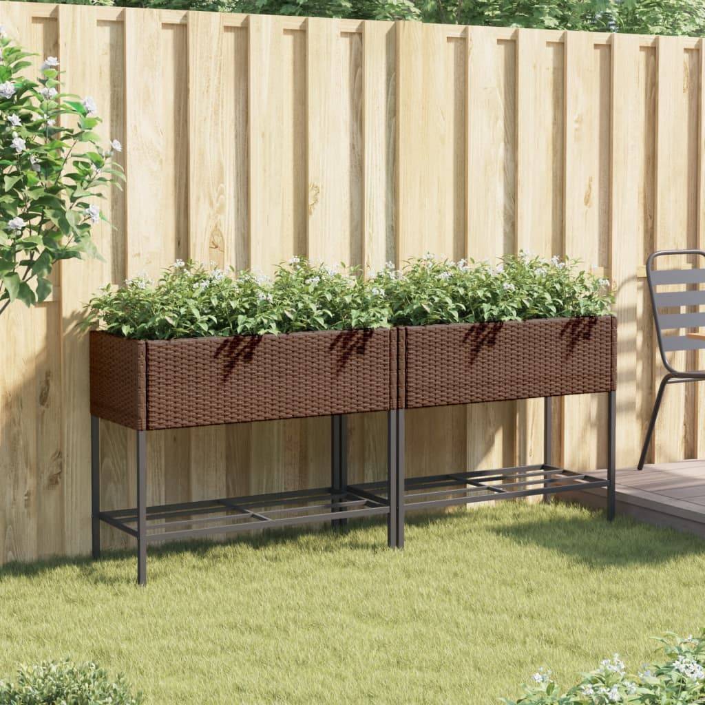 2 pcs Jardinières avec étagère, Bac à fleurs, Pot de fleurs brun 90x40x75 cm résine tressée - Image 3