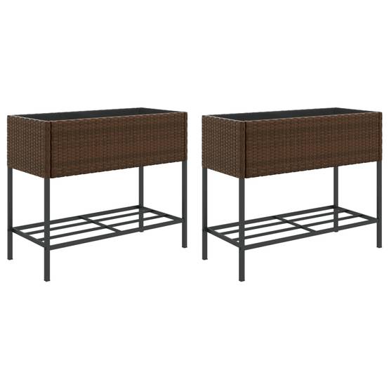 2 pcs Jardinières avec étagère, Bac à fleurs, Pot de fleurs brun 90x40x75 cm résine tressée - Image 1