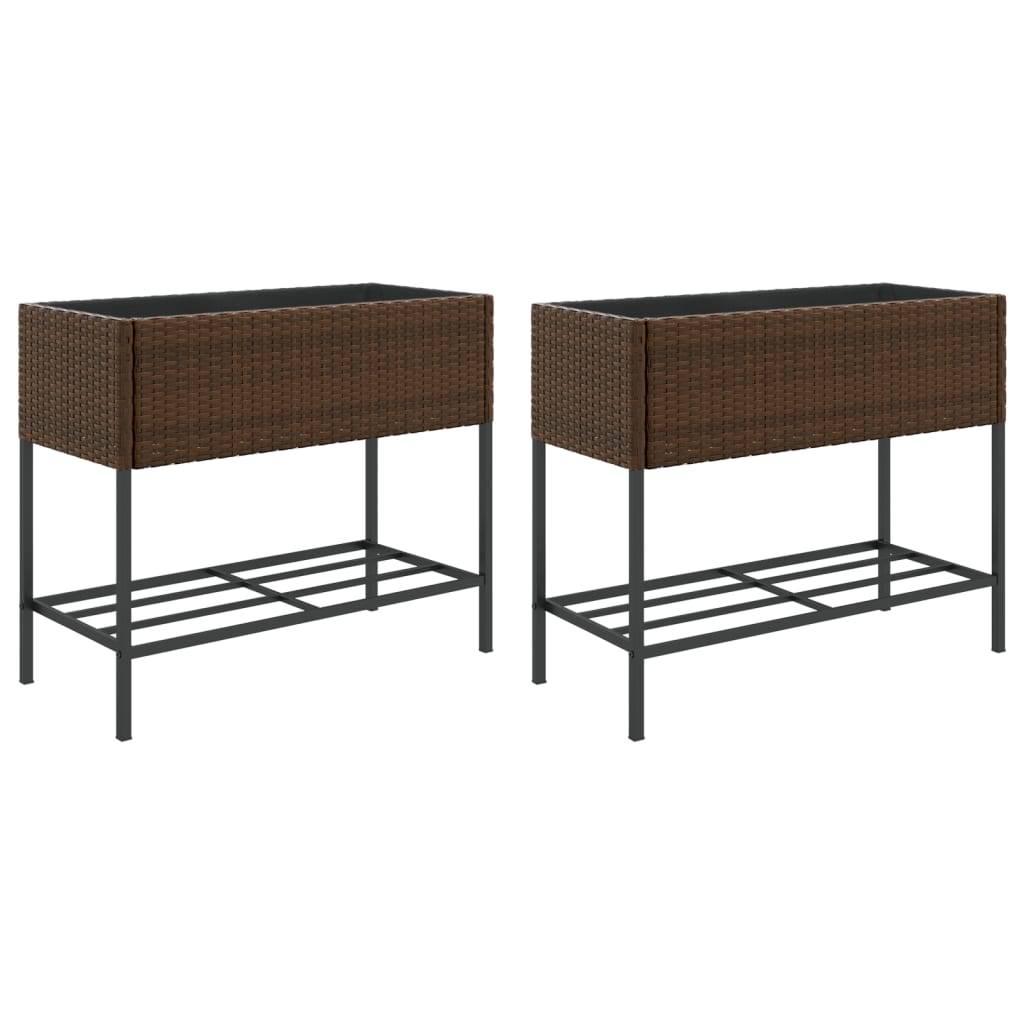 2 pcs Jardinières avec étagère, Bac à fleurs, Pot de fleurs brun 90x40x75 cm résine tressée - Image 1