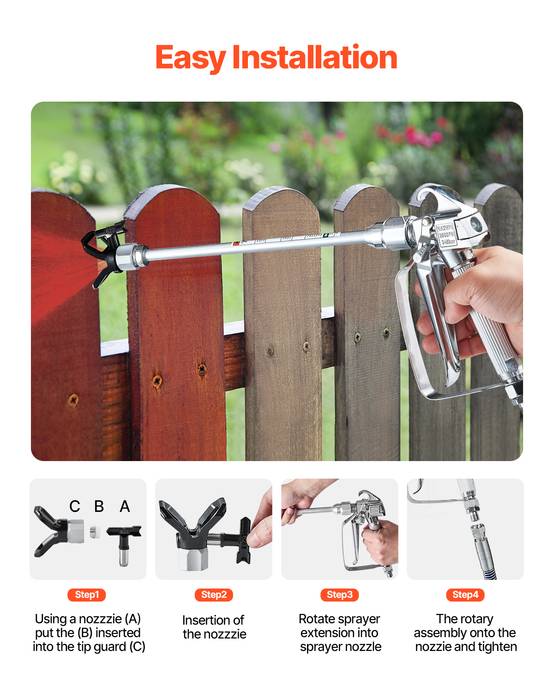 VEVOR Kit pistolet peinture sans air, 248 bar, 5 embouts, pivotant. Filtres, tuyau, tiges extension. - Image 4