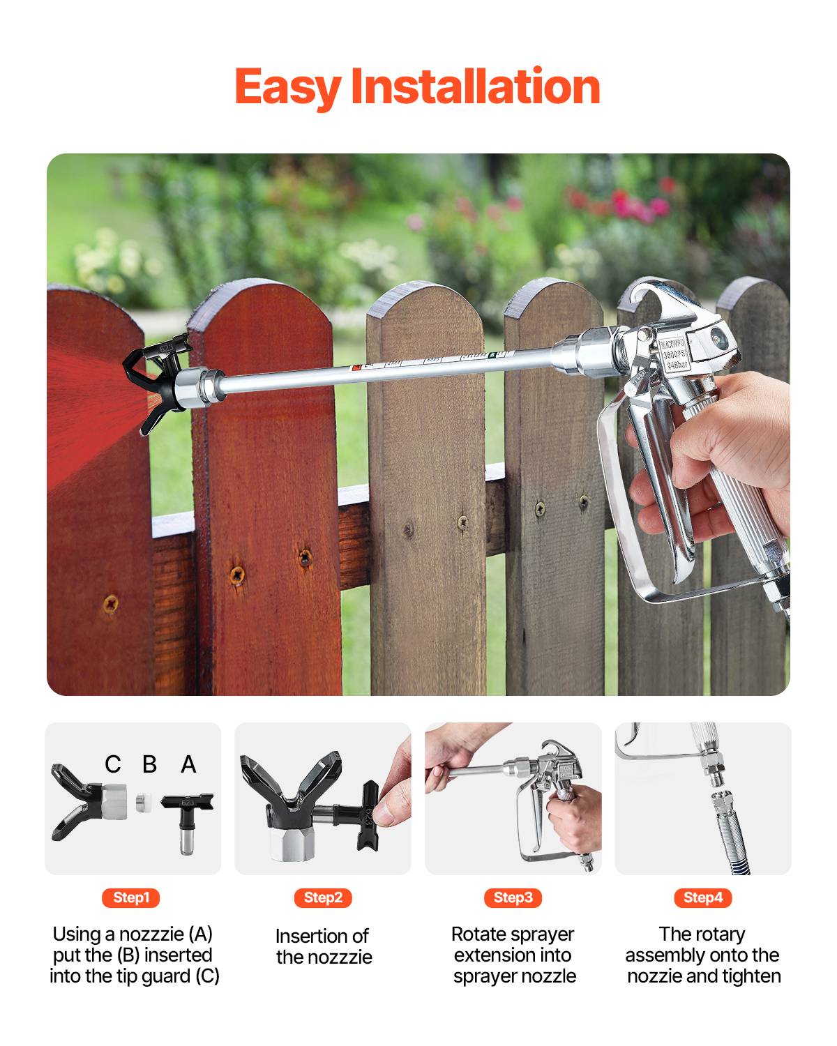 VEVOR Kit pistolet peinture sans air, 248 bar, 5 embouts, pivotant. Filtres, tuyau, tiges extension. - Image 4