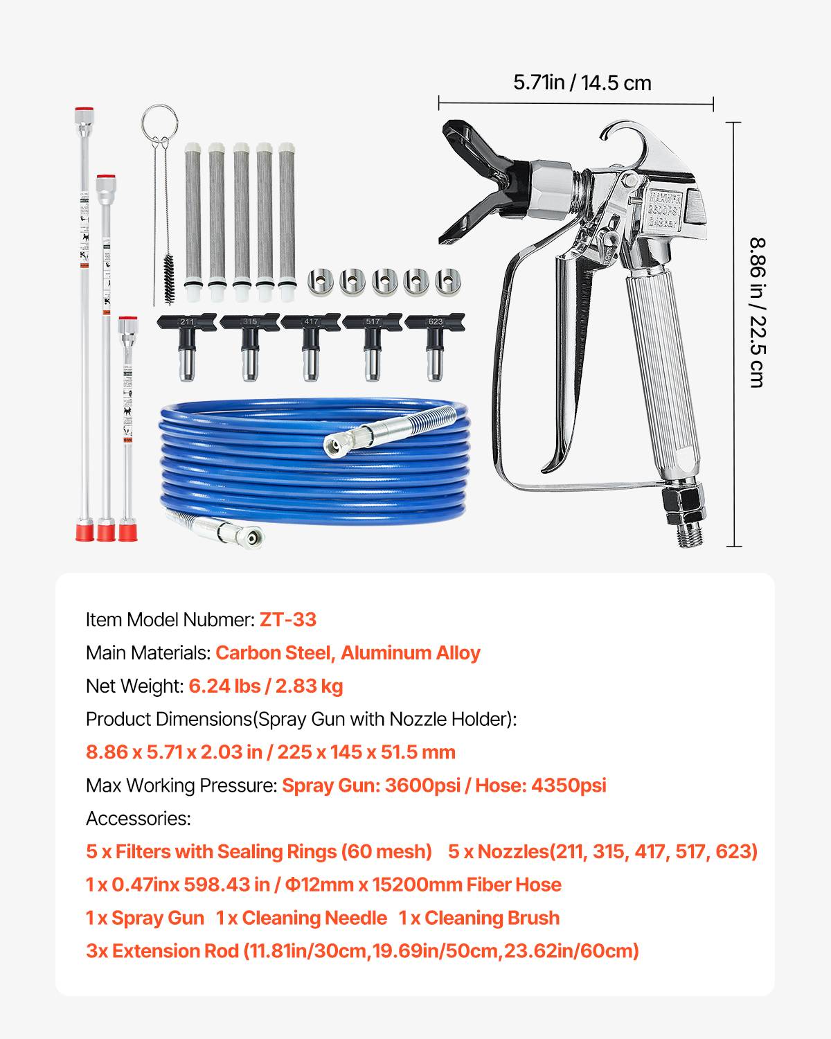 VEVOR Kit pistolet peinture sans air, 248 bar, 5 embouts, pivotant. Filtres, tuyau, tiges extension. - Image 7