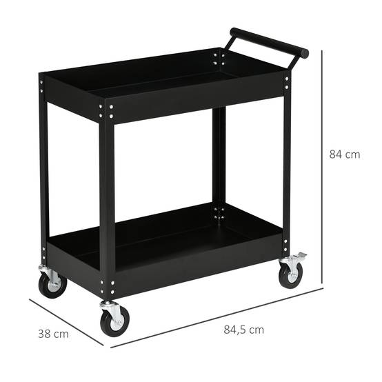Sans Marque - Chariot d'atelier, 2 niveaux, brouette, 4 roues, acier, jusqu'à 150 kg, 84,5 x 38 x 84 cm, noir - Image 5