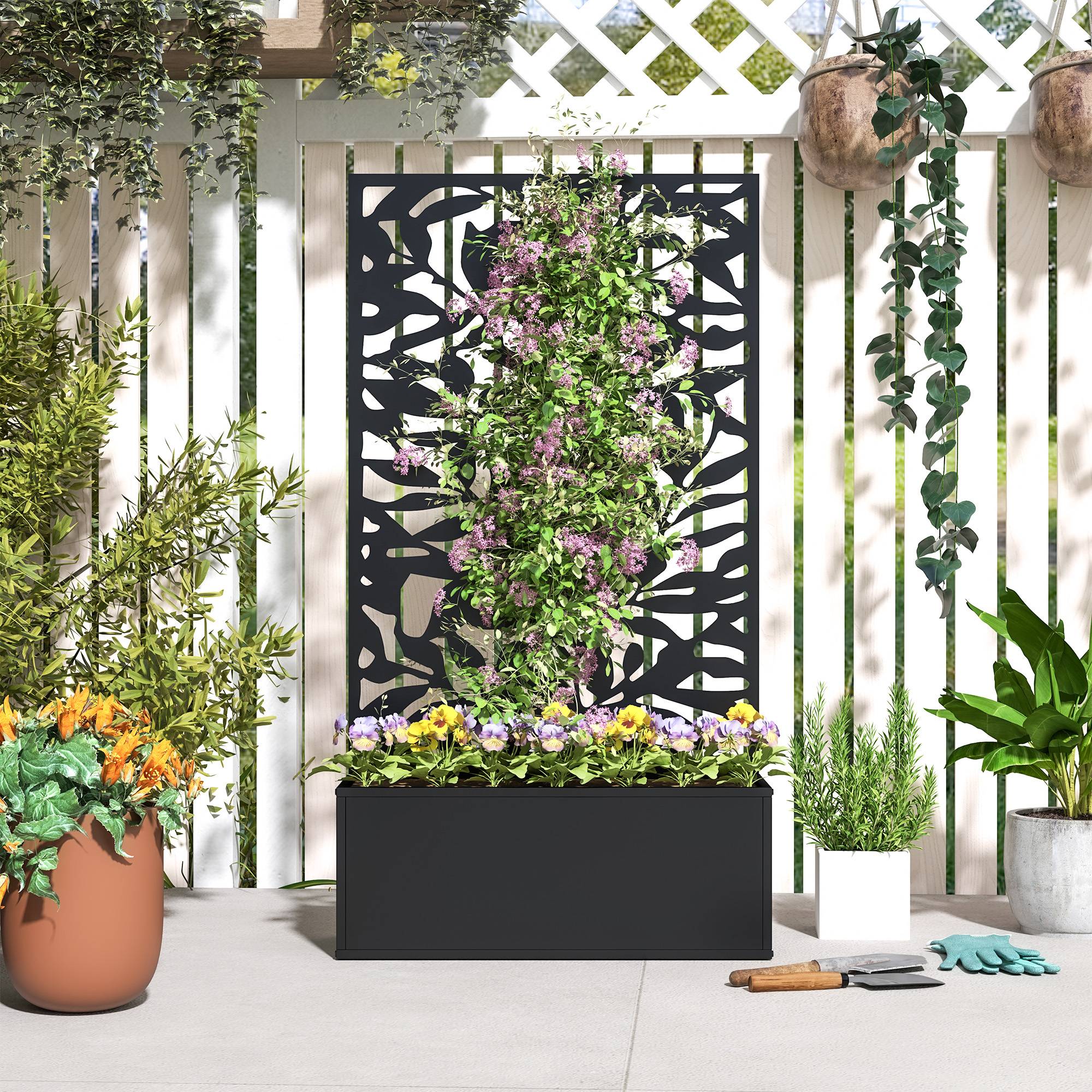 Jardinière avec treillis bac à fleurs rectangulaire grande taille panneau d'intimité métal 61 x 23 x 113 cm noir - Image 9