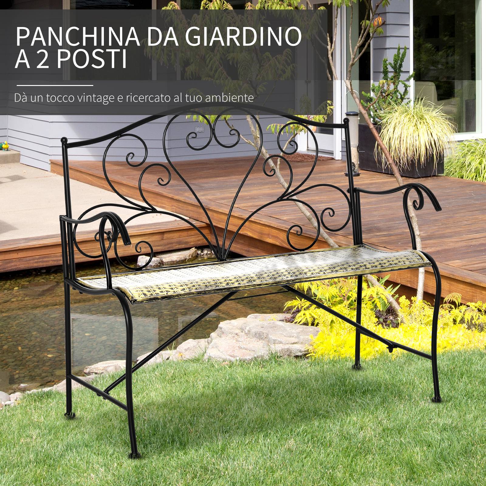 ComfortXL - Banc de jardin 2 places fer forgé balcon cour dossier motifs vintage 100x50x88cm noir - ComfortXL Outdoor Living - Image 6