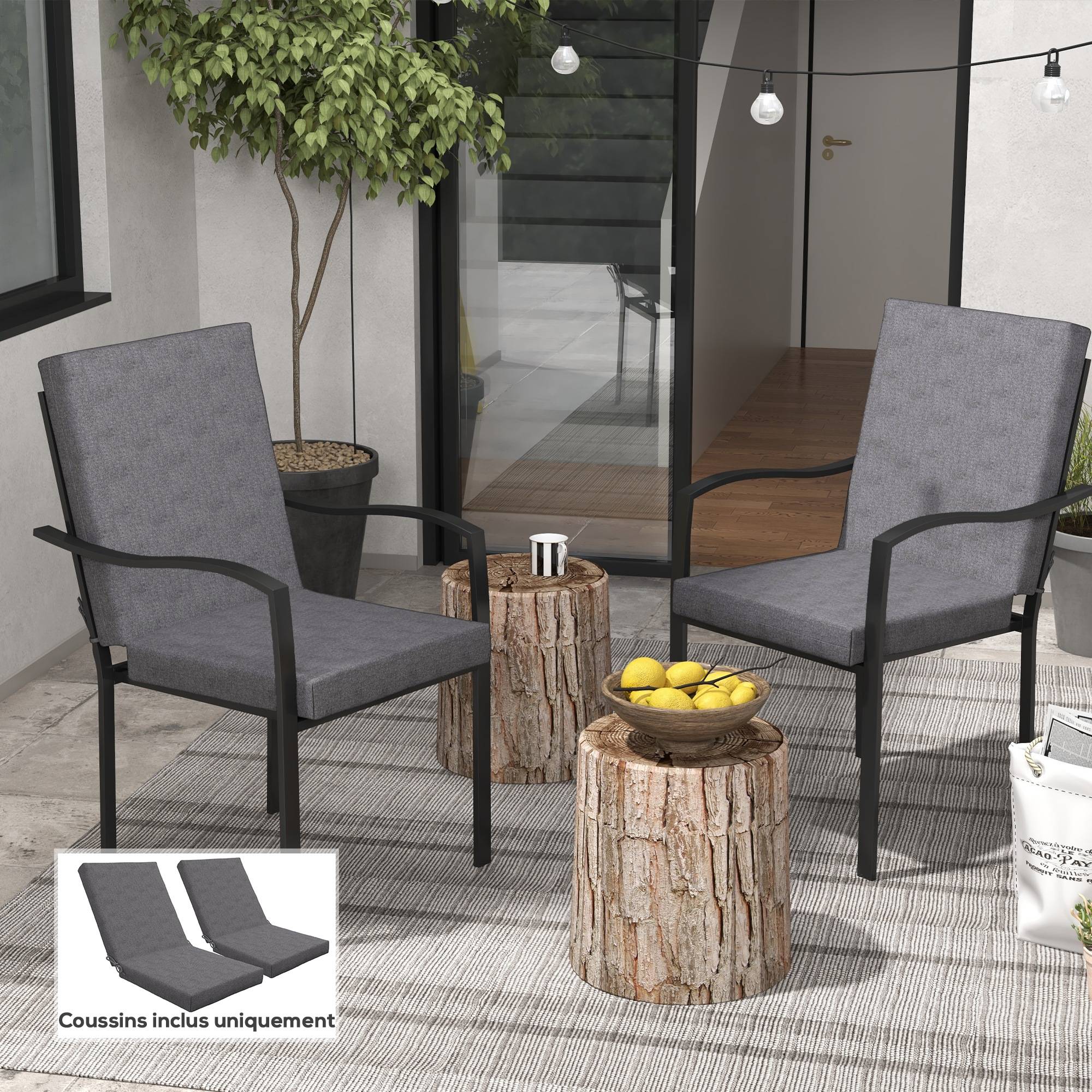 Lot de 2 coussins d'extérieur pour fauteuil chaise à dossier avec attaches rembourrage 8 cm, 112L x 51l cm, gris foncé - Image 3